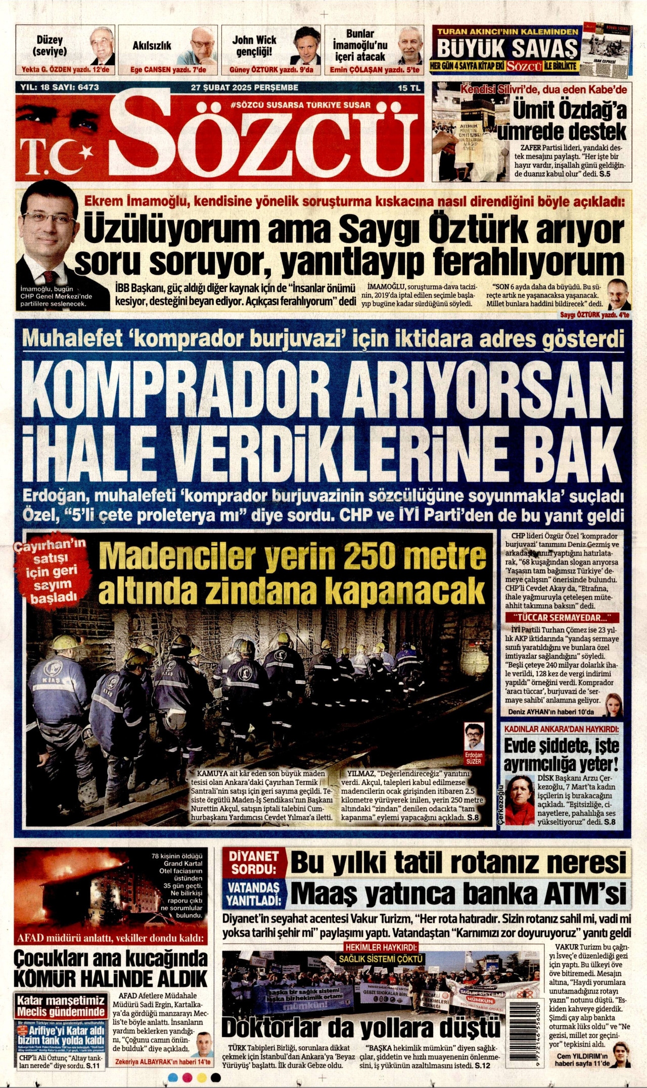 SÖZCÜ gazetesinin 27 Şubat 2025 tarihli birinci sayfası