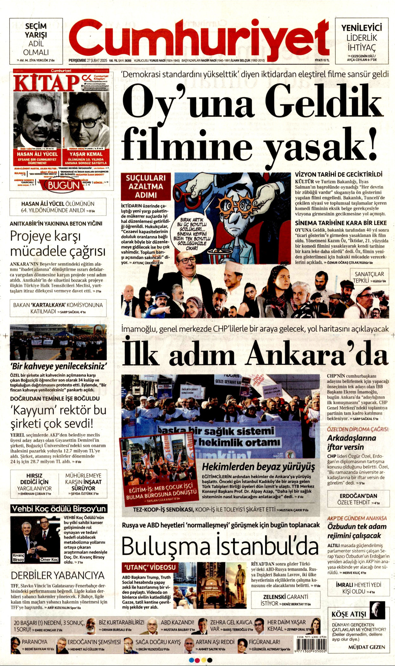 CUMHURİYET gazetesinin 27 Şubat 2025 tarihli birinci sayfası