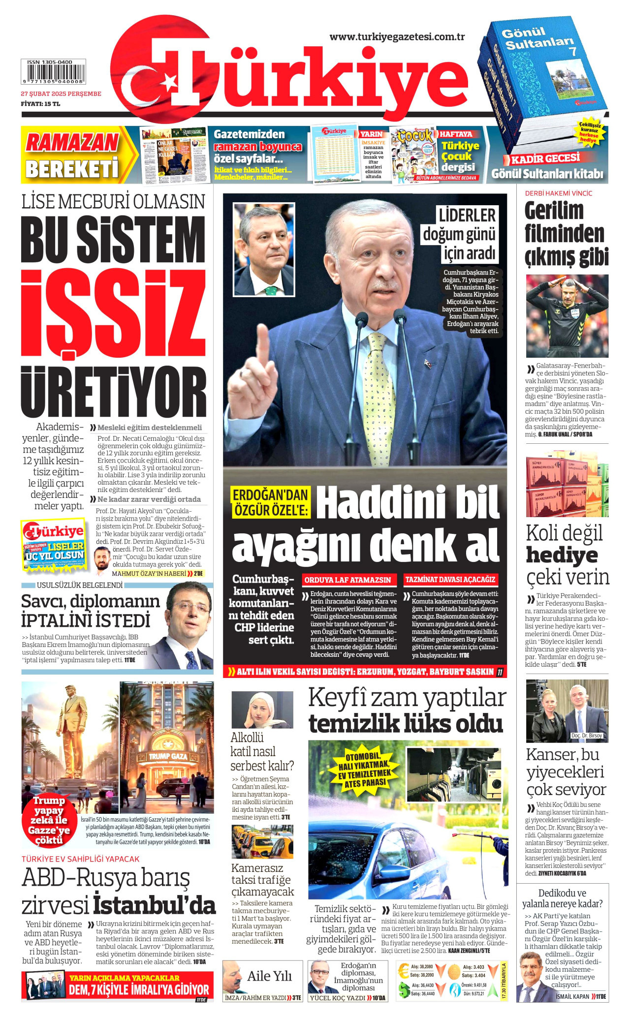 TÜRKİYE GAZETESİ gazetesinin 27 Şubat 2025 tarihli birinci sayfası