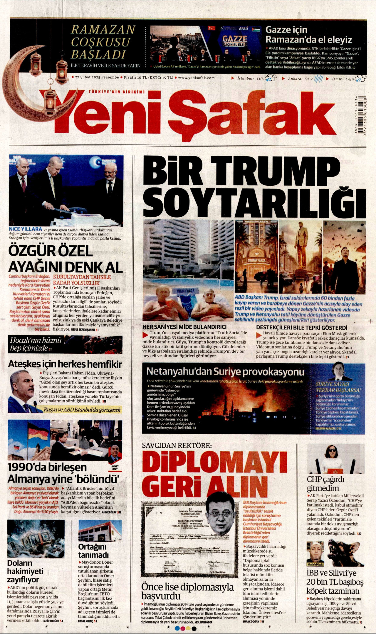 YENİ ŞAFAK gazetesinin 27 Şubat 2025 tarihli birinci sayfası