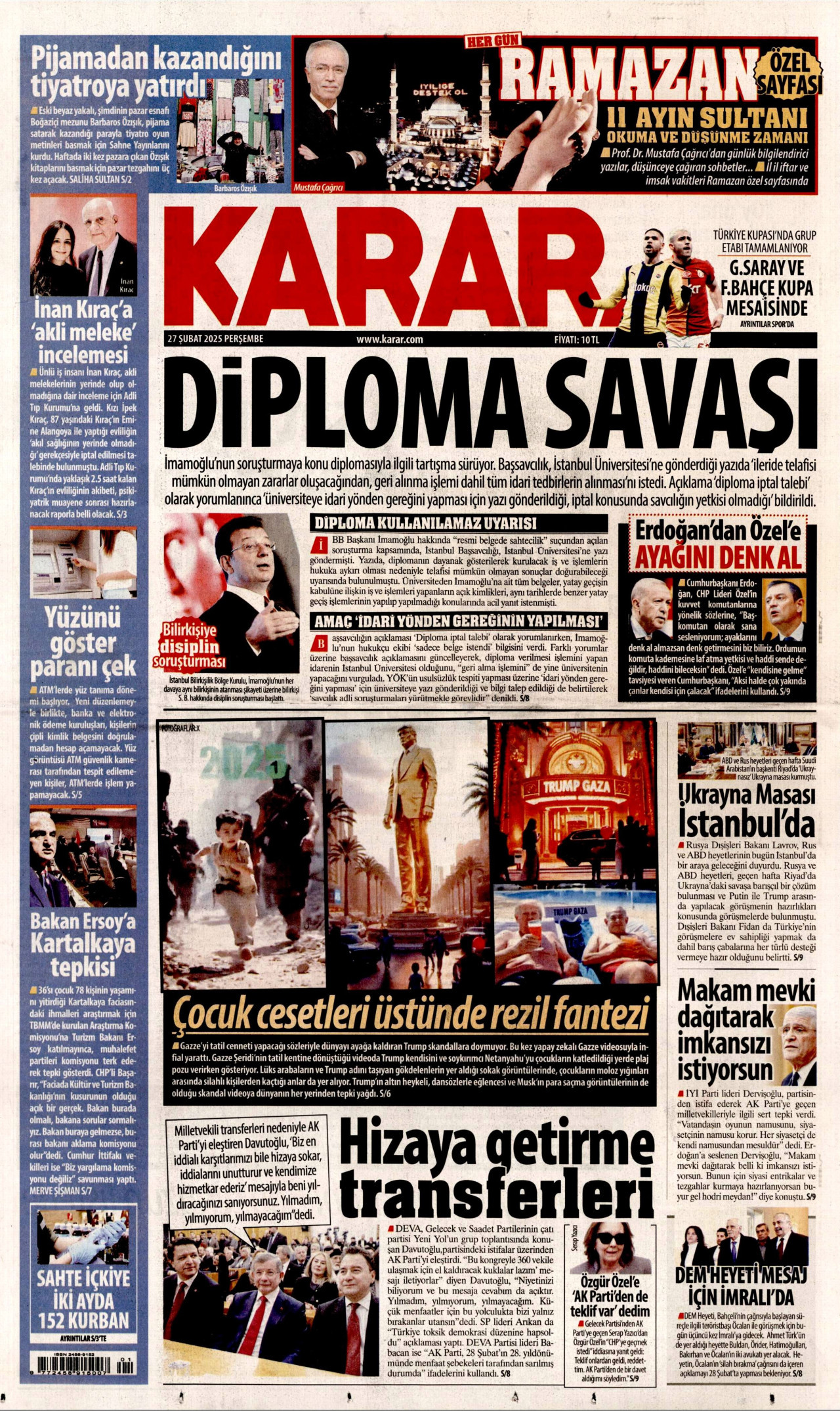 KARAR gazetesinin 27 Şubat 2025 tarihli birinci sayfası