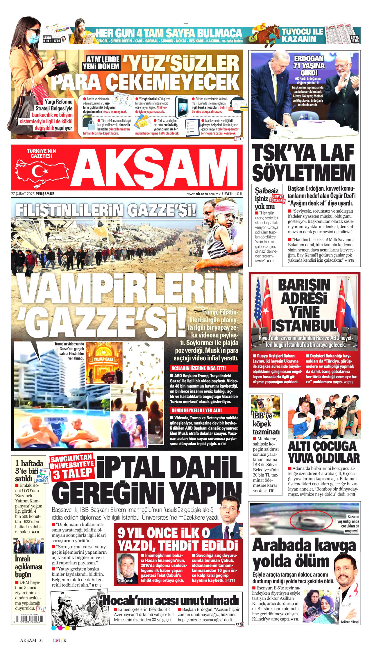 AKŞAM gazetesinin 27 Şubat 2025 tarihli birinci sayfası