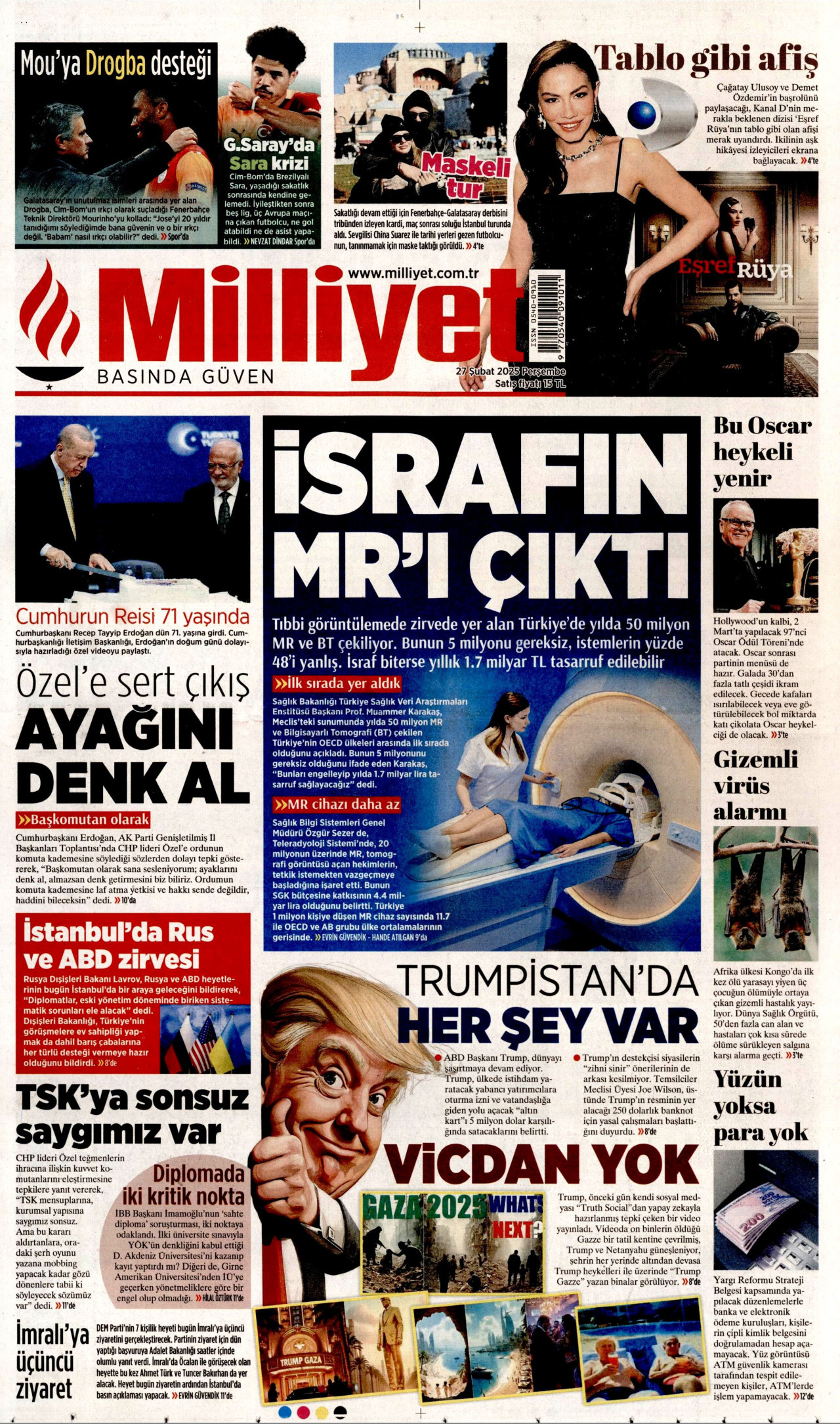 MİLLİYET gazetesinin 27 Şubat 2025 tarihli birinci sayfası