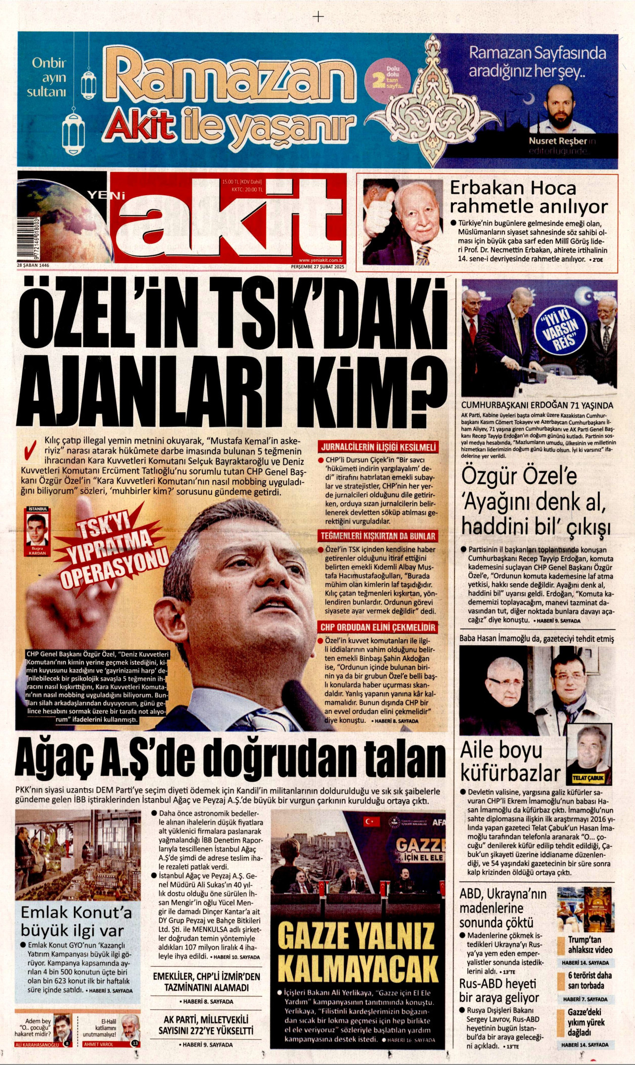 YENİ AKİT gazetesinin 27 Şubat 2025 tarihli birinci sayfası
