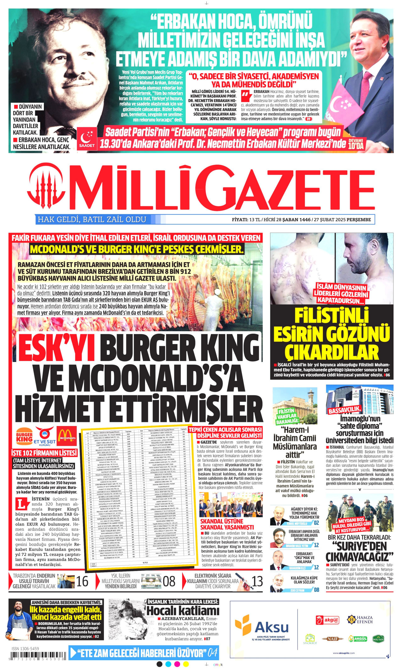 MİLLİ GAZETE gazetesinin 27 Şubat 2025 tarihli birinci sayfası