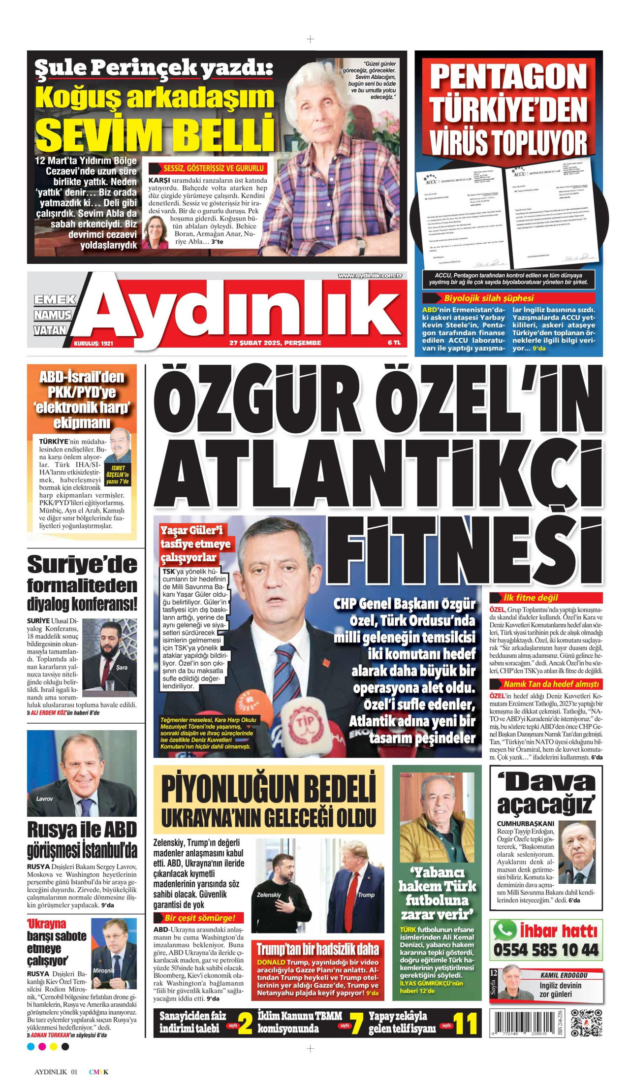 AYDINLIK GAZETESİ gazetesinin 27 Şubat 2025 tarihli birinci sayfası