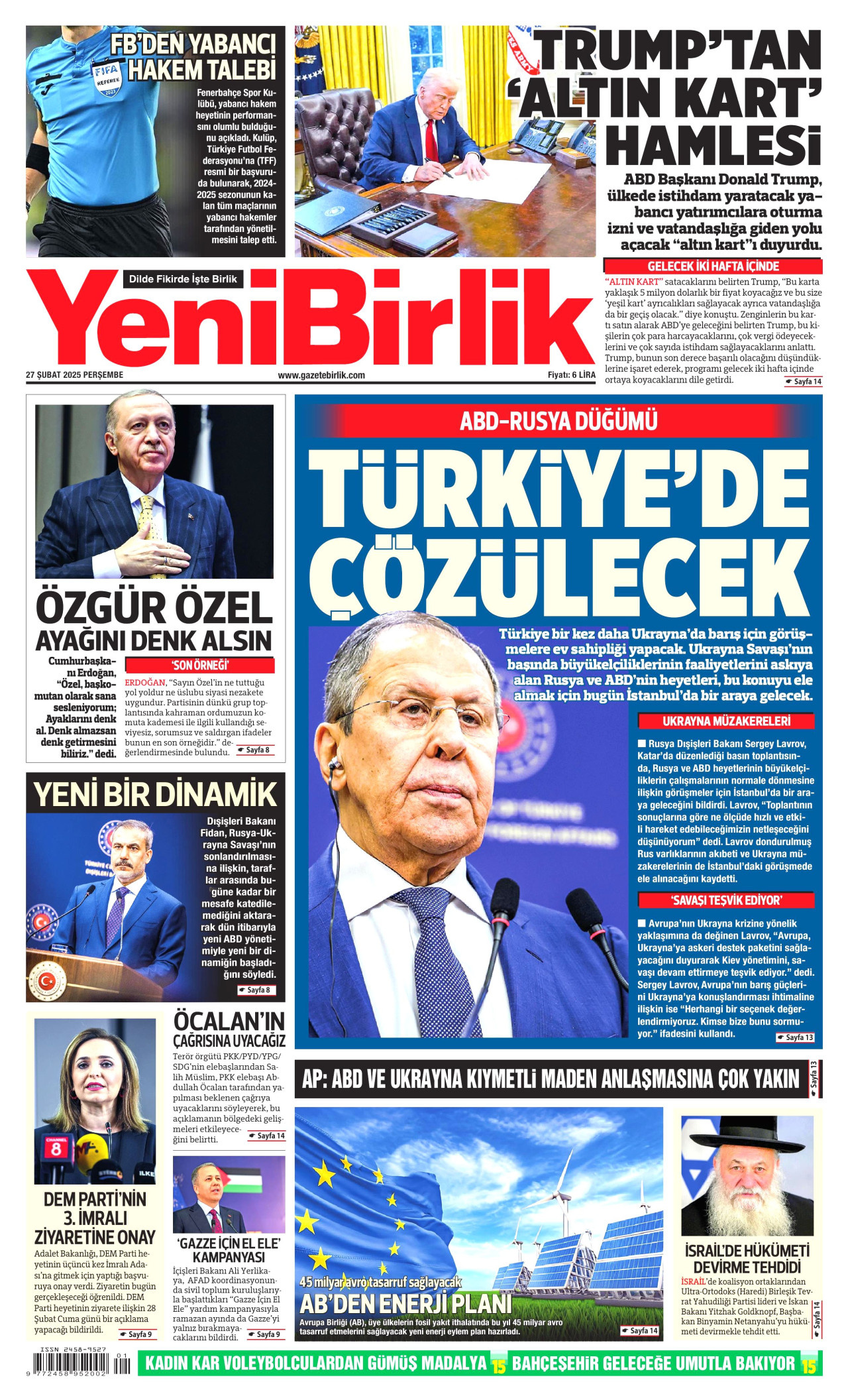 YENİBİRLİK gazetesinin 27 Şubat 2025 tarihli birinci sayfası