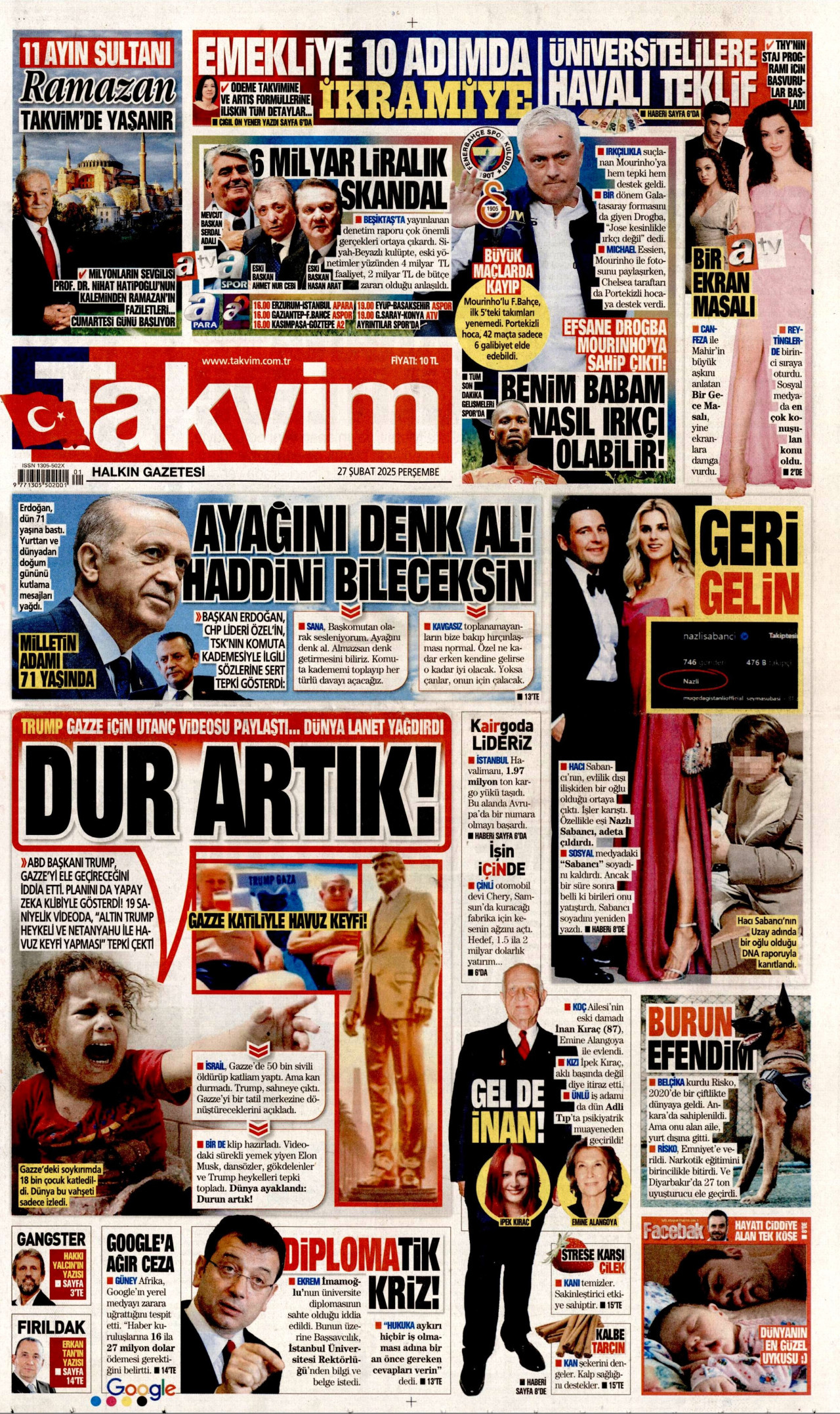 TAKVİM gazetesinin 27 Şubat 2025 tarihli birinci sayfası
