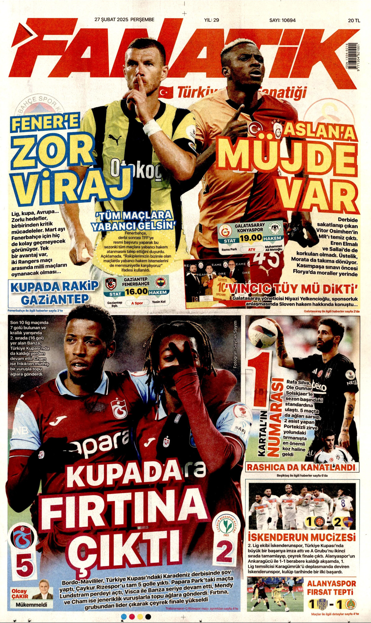 FANATİK gazetesinin 27 Şubat 2025 tarihli birinci sayfası