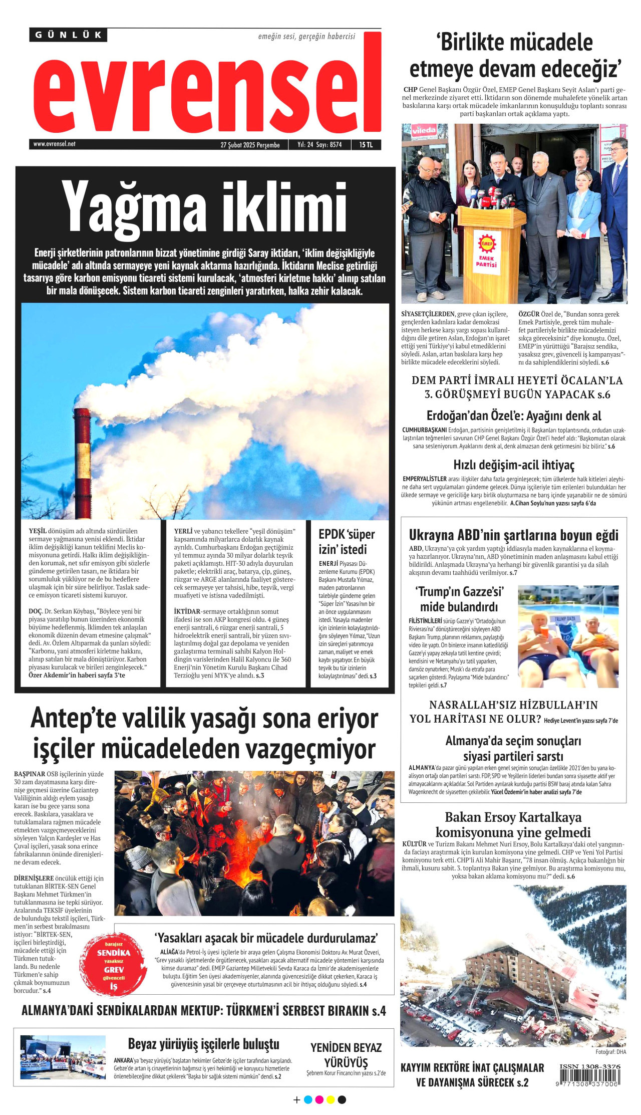 EVRENSEL gazetesinin 27 Şubat 2025 tarihli birinci sayfası