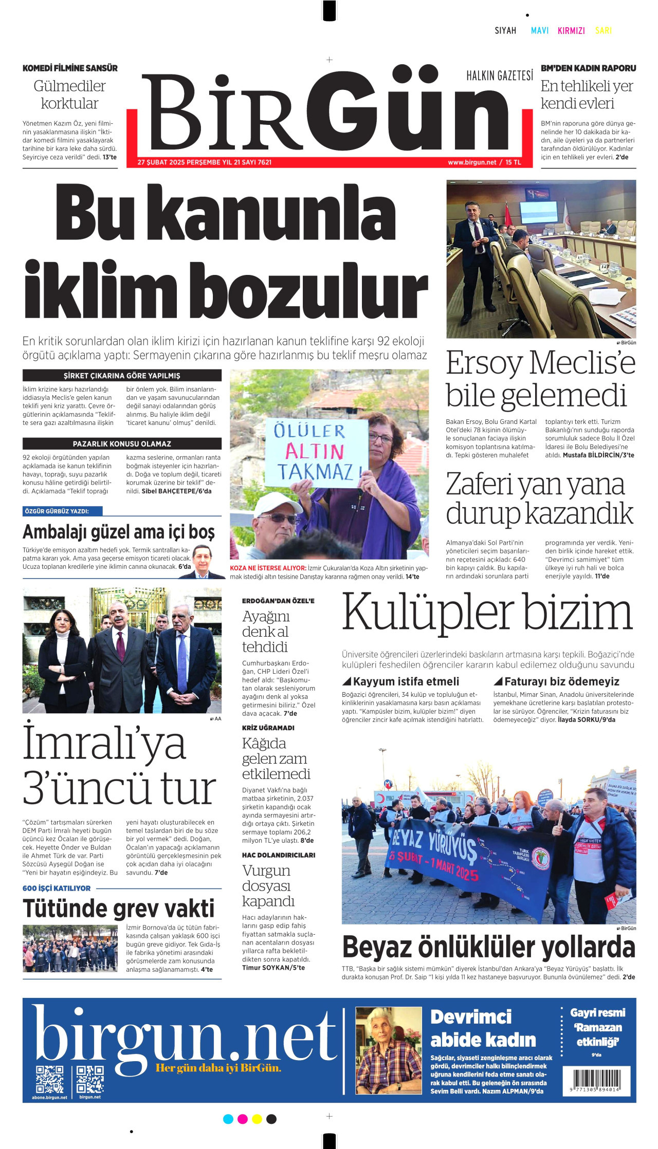 BİRGÜN gazetesinin 27 Şubat 2025 tarihli birinci sayfası