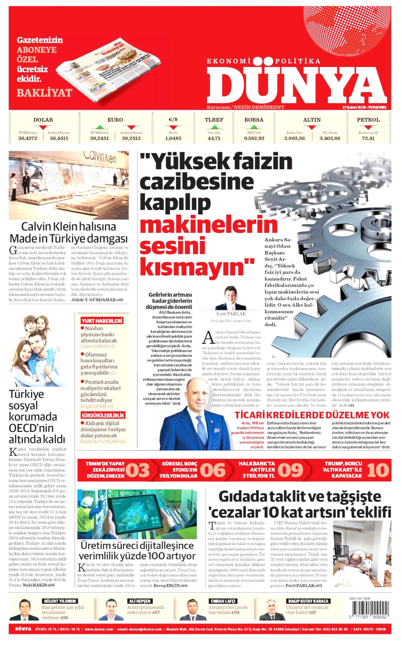 DÜNYA gazetesinin 27 Şubat 2025 tarihli birinci sayfası