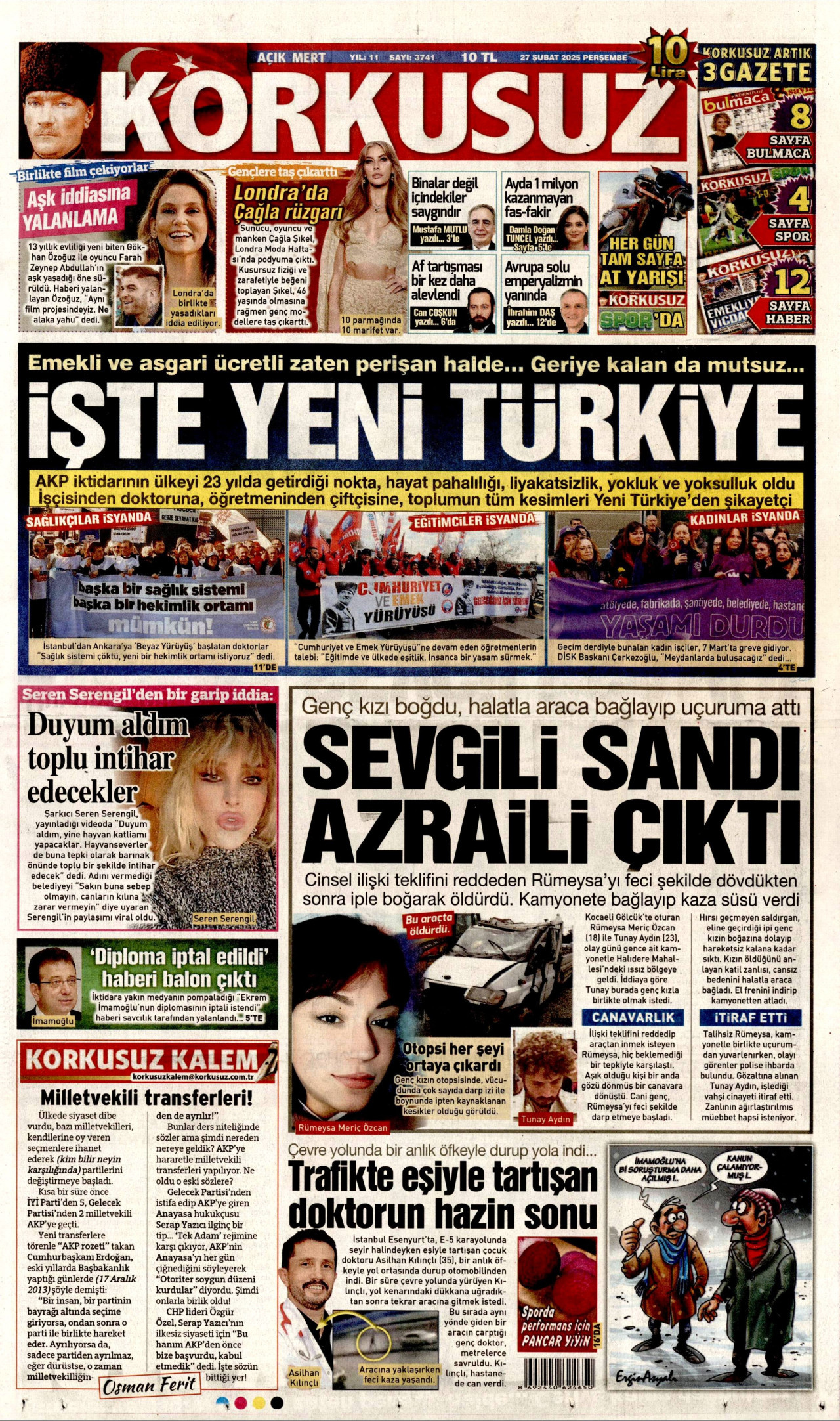 KORKUSUZ gazetesinin 27 Şubat 2025 tarihli birinci sayfası