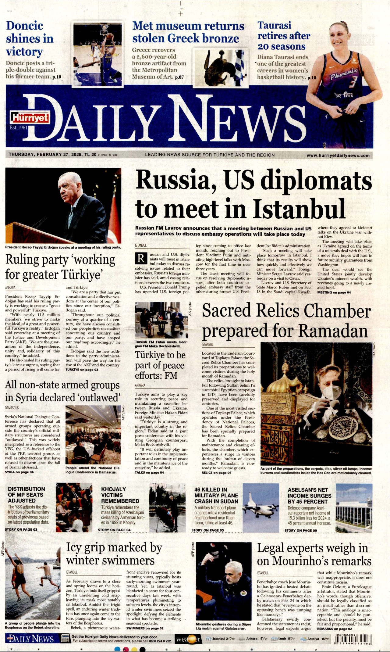 HÜRRİYET DAİLY NEWS gazetesinin 27 Şubat 2025 tarihli birinci sayfası