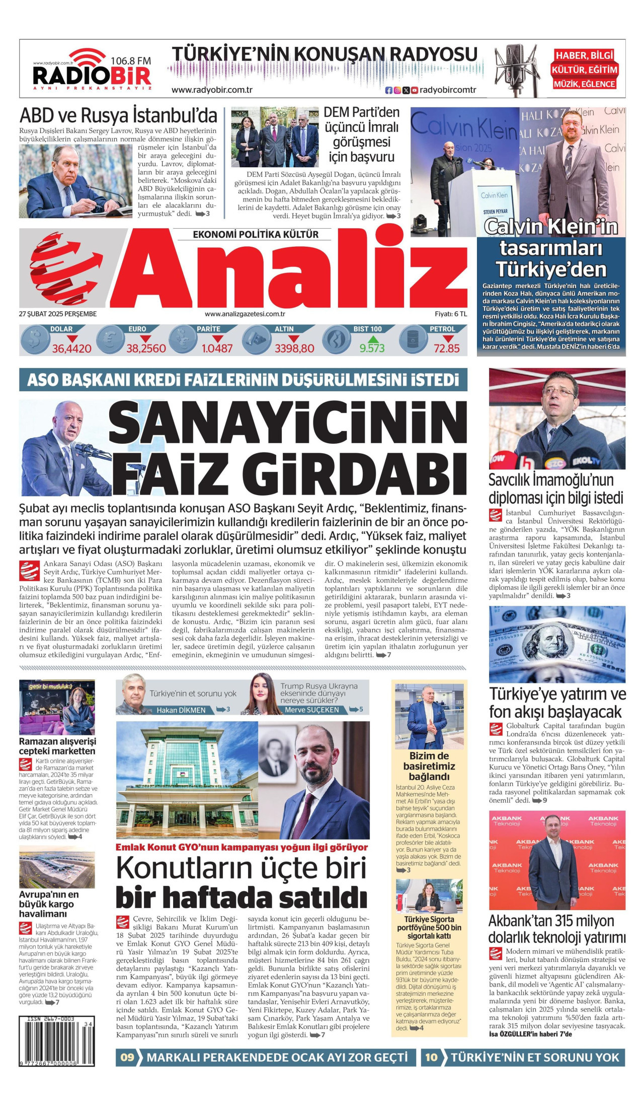 ANALİZ gazetesinin 27 Şubat 2025 tarihli birinci sayfası
