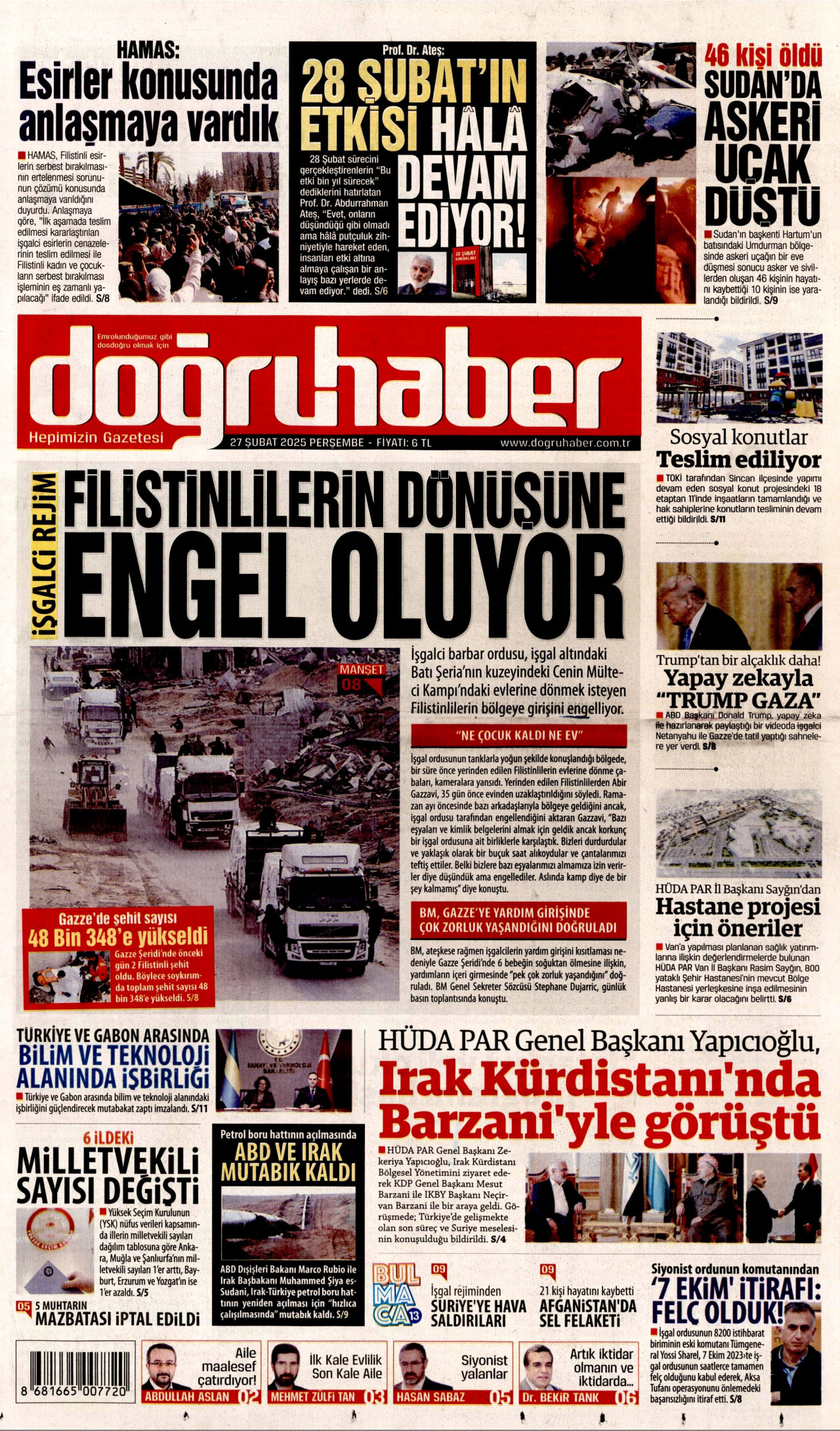 DOĞRU HABER gazetesinin 27 Şubat 2025 tarihli birinci sayfası