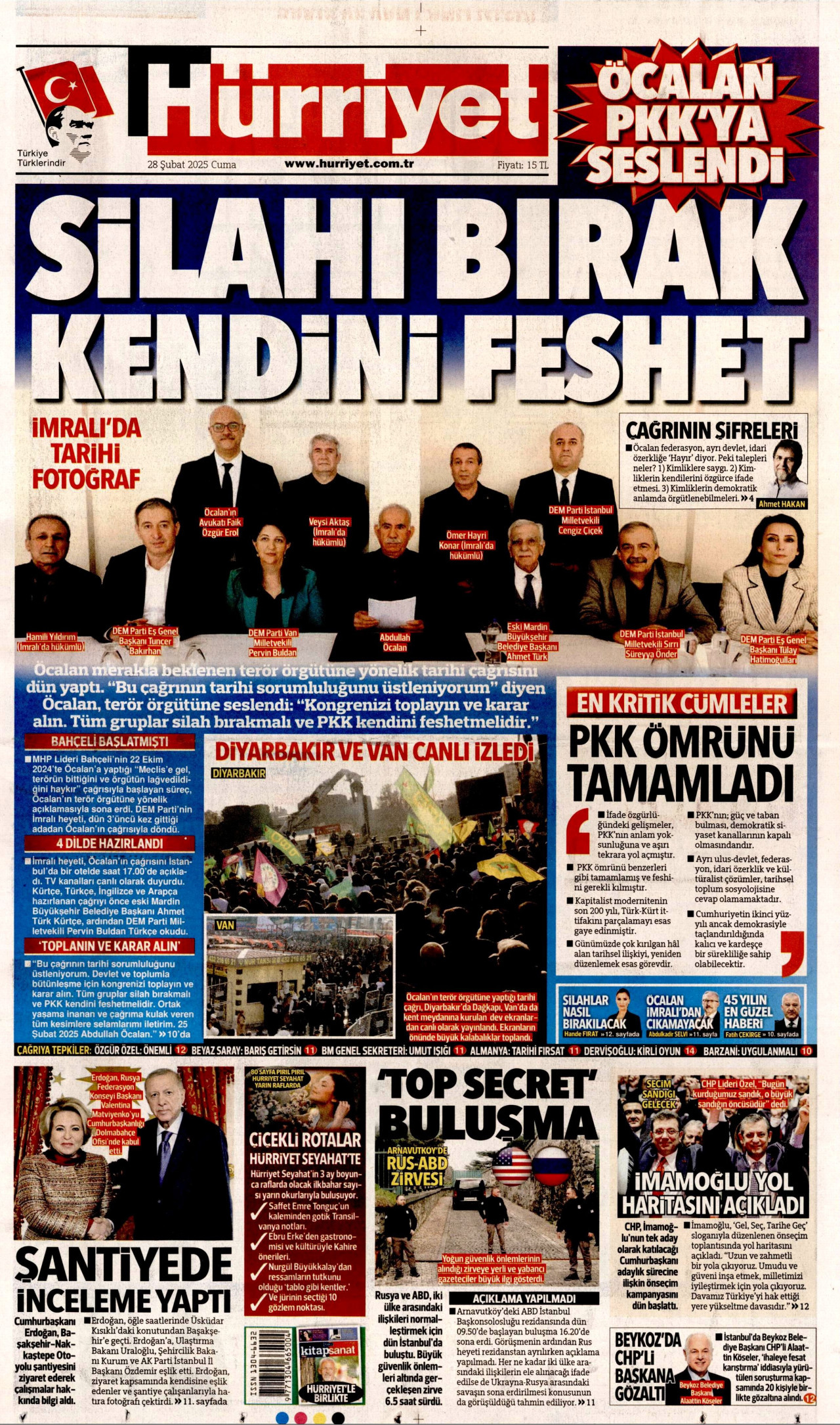 HÜRRİYET gazetesinin 28 Şubat 2025 tarihli birinci sayfası