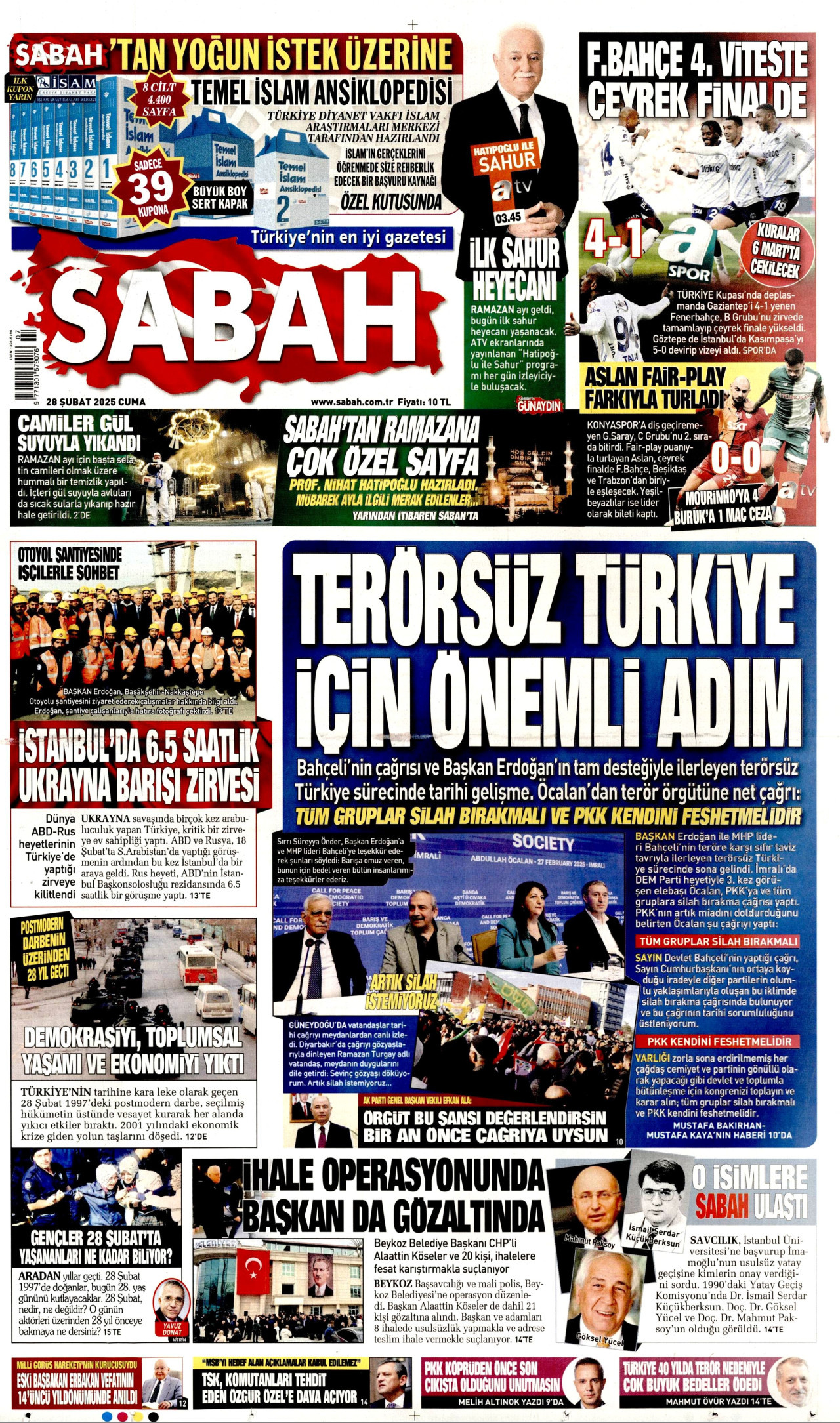 SABAH gazetesinin 28 Şubat 2025 tarihli birinci sayfası