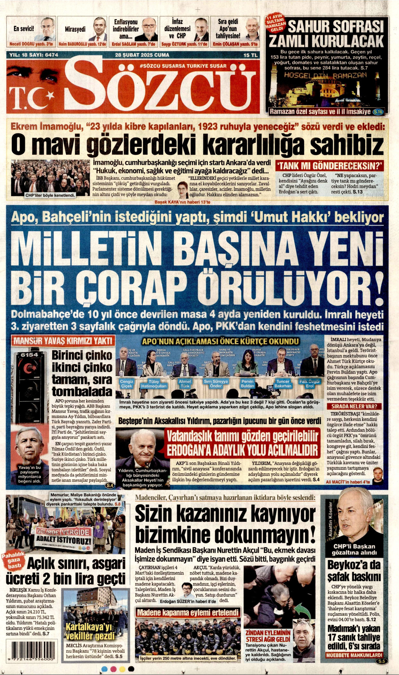 SÖZCÜ gazetesinin 28 Şubat 2025 tarihli birinci sayfası