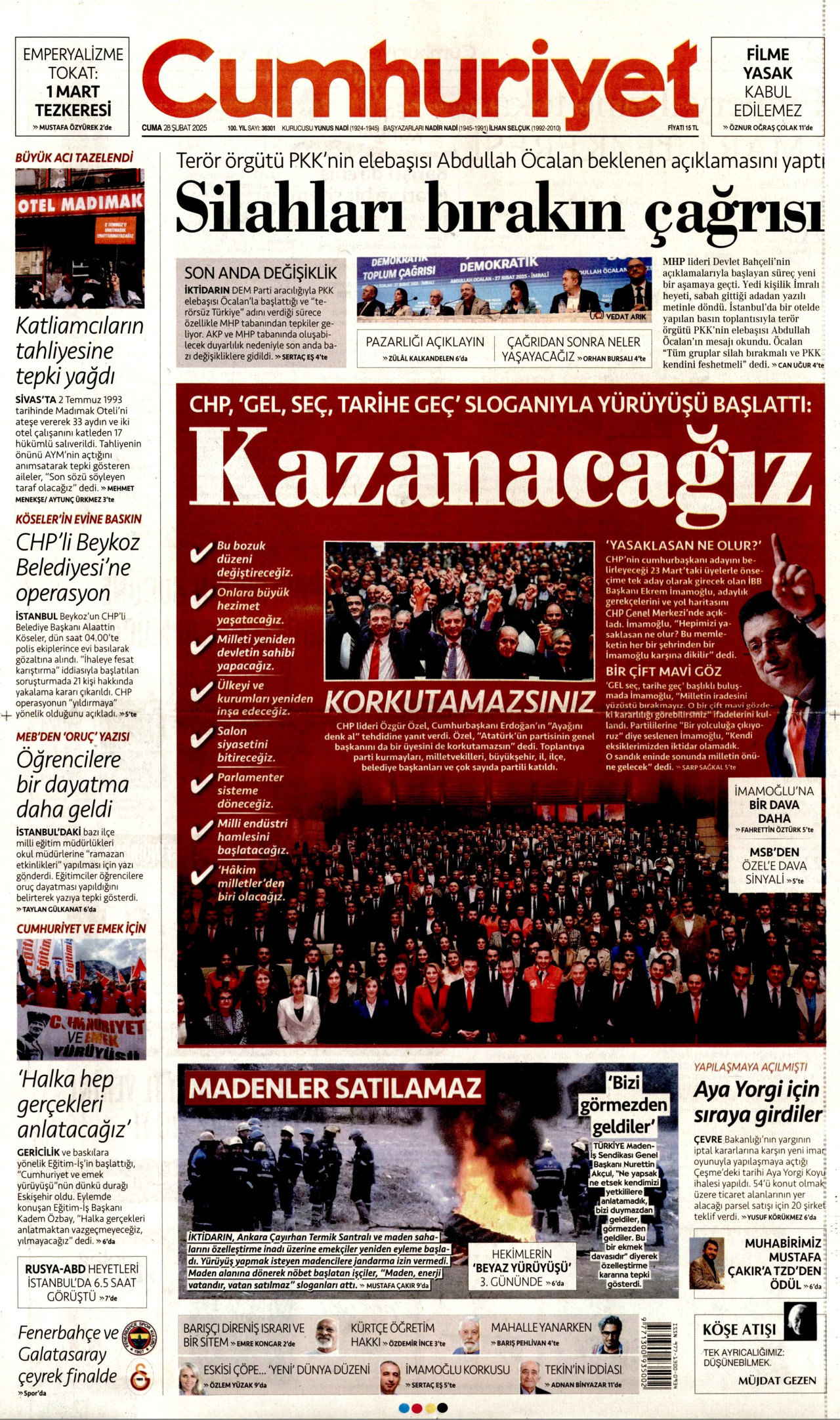 CUMHURİYET gazetesinin 28 Şubat 2025 tarihli birinci sayfası