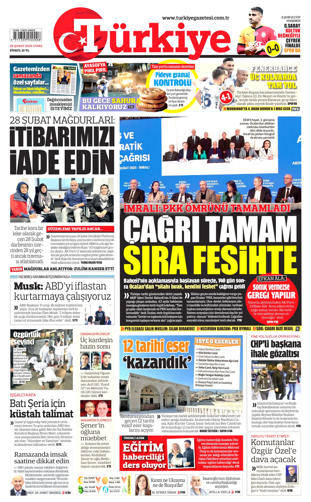 TÜRKİYE GAZETESİ gazetesinin 28 Şubat 2025 tarihli birinci sayfası