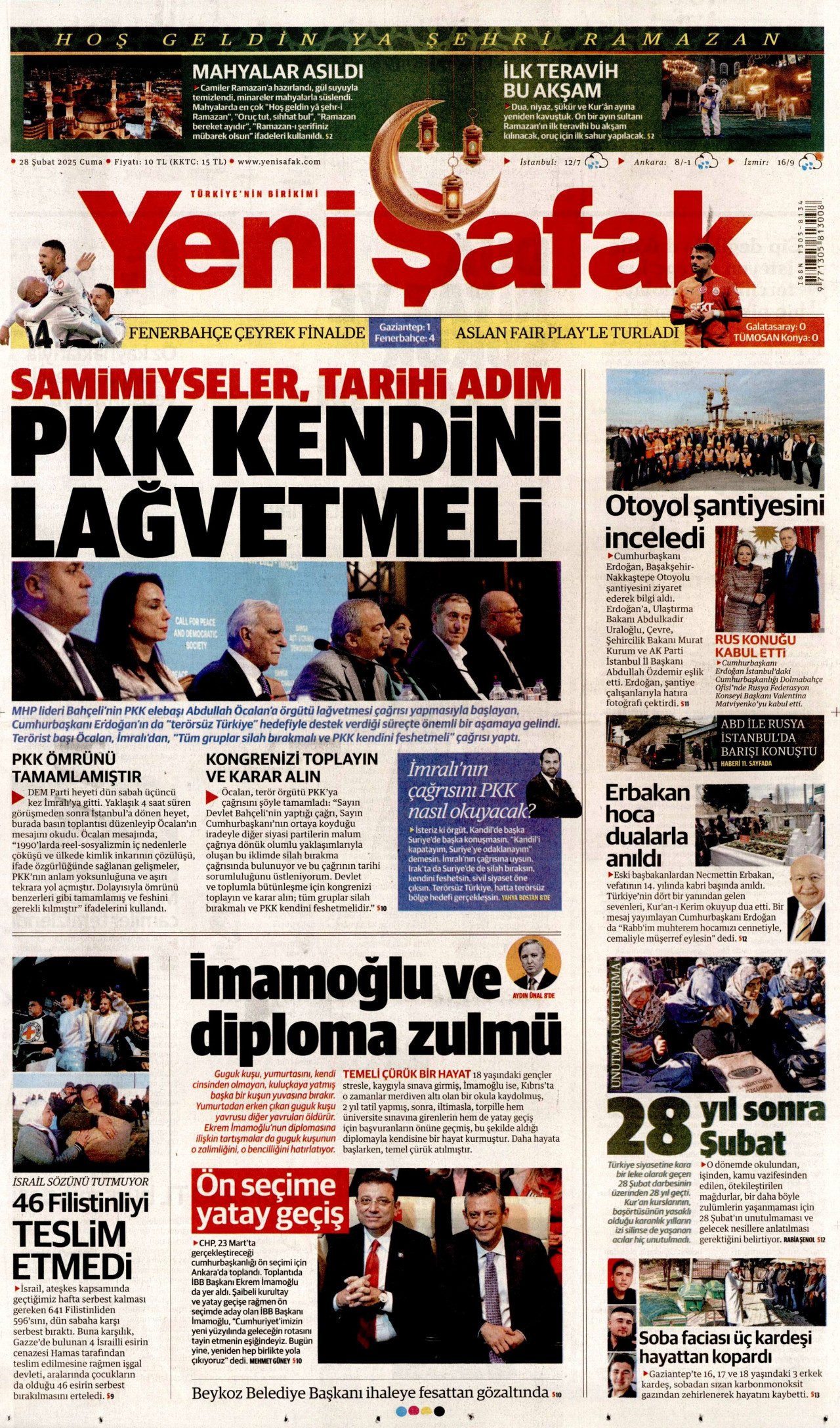 YENİ ŞAFAK gazetesinin 28 Şubat 2025 tarihli birinci sayfası