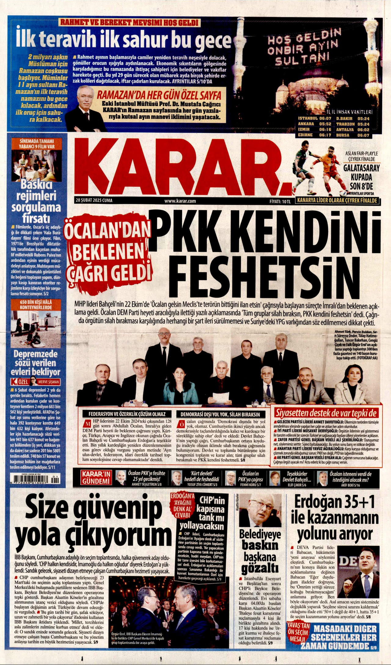 KARAR gazetesinin 28 Şubat 2025 tarihli birinci sayfası