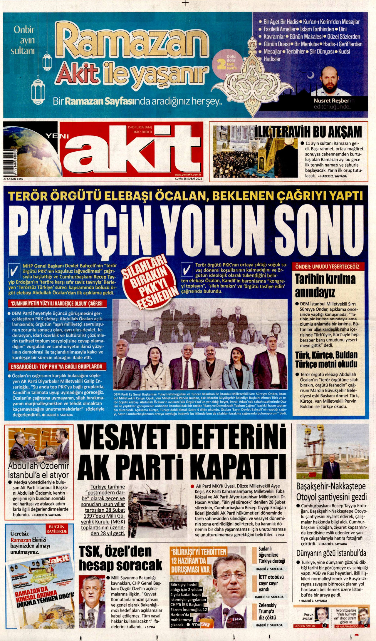 YENİ AKİT gazetesinin 28 Şubat 2025 tarihli birinci sayfası
