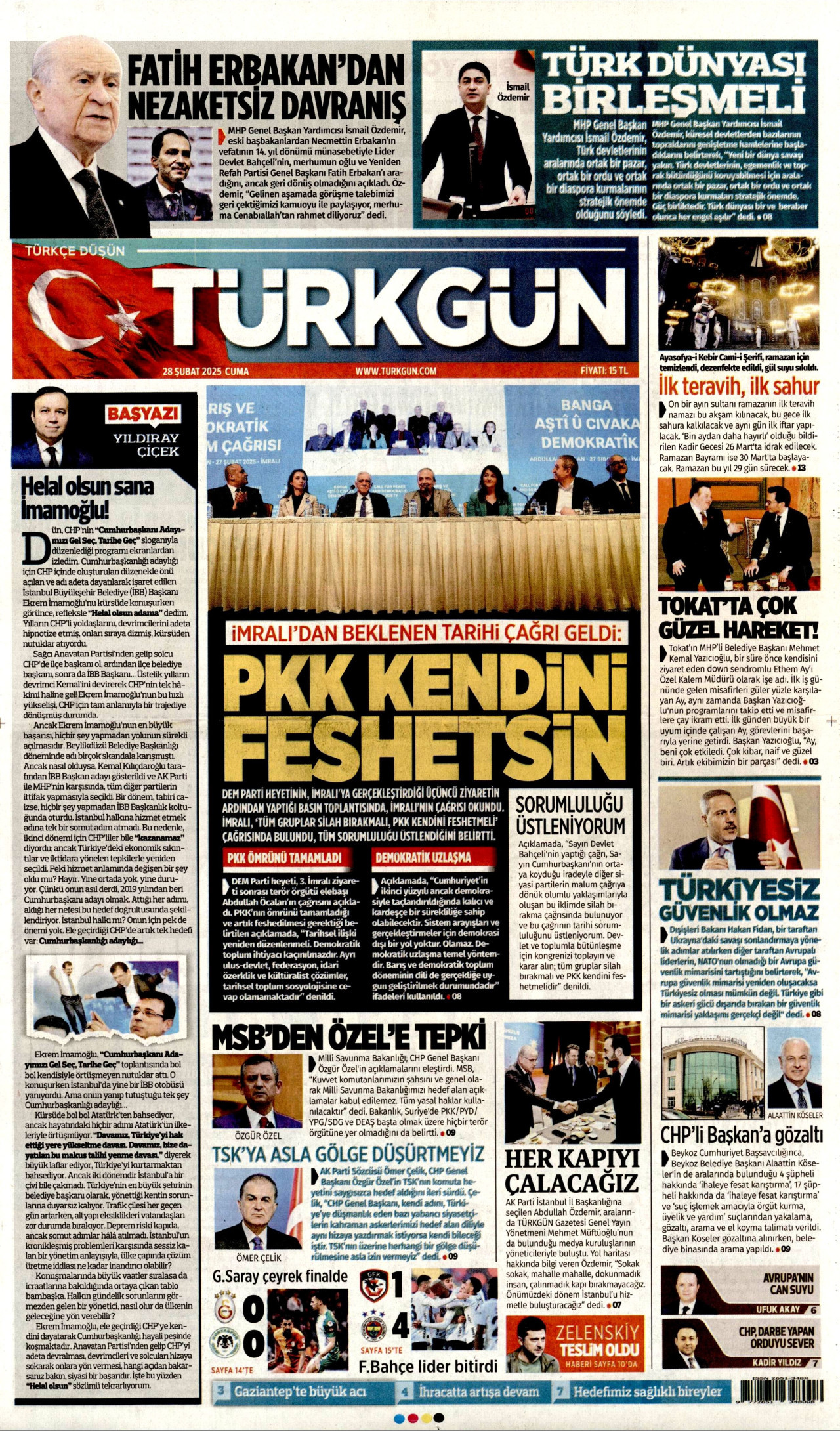 TÜRKGÜN gazetesinin 28 Şubat 2025 tarihli birinci sayfası