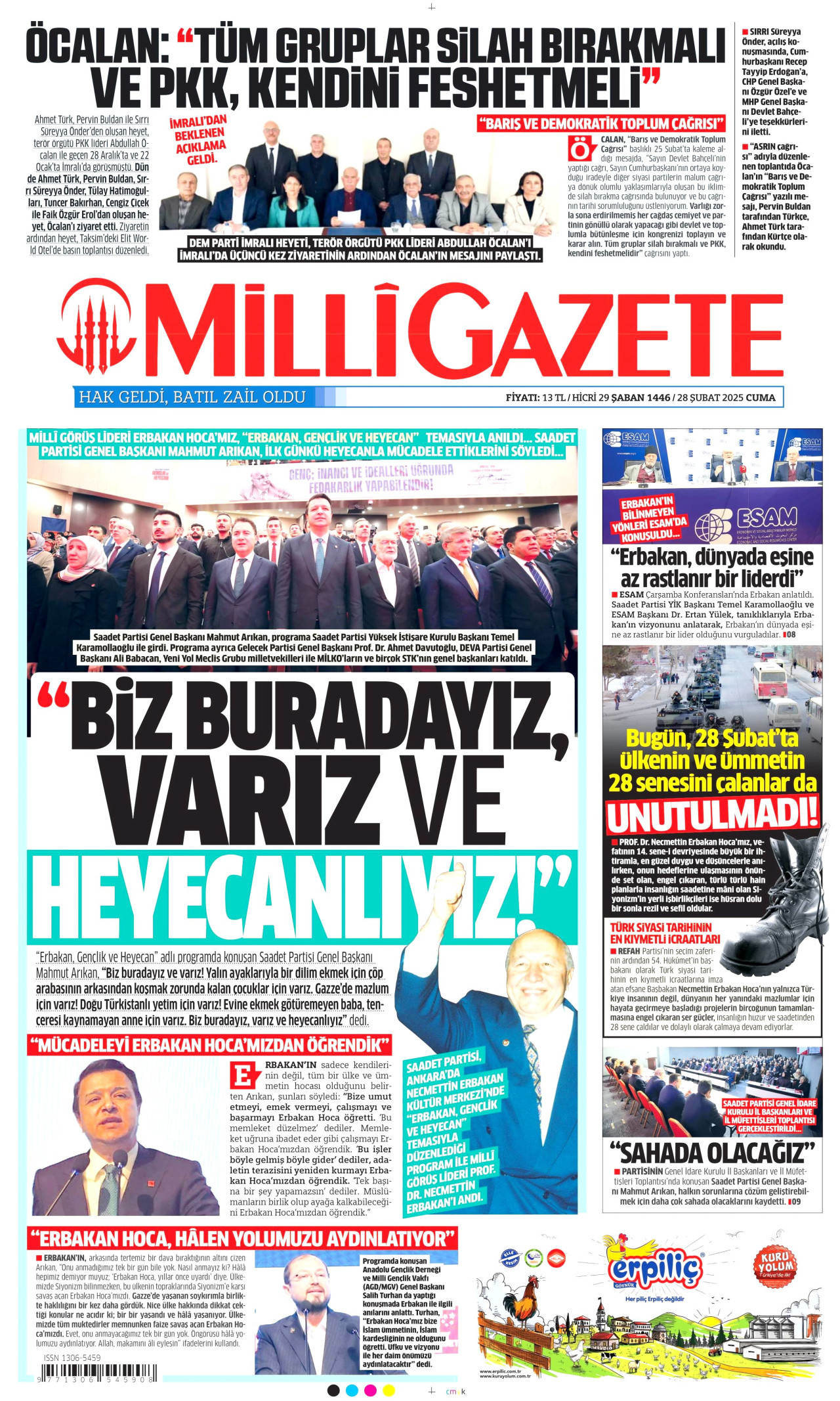 MİLLİ GAZETE gazetesinin 28 Şubat 2025 tarihli birinci sayfası