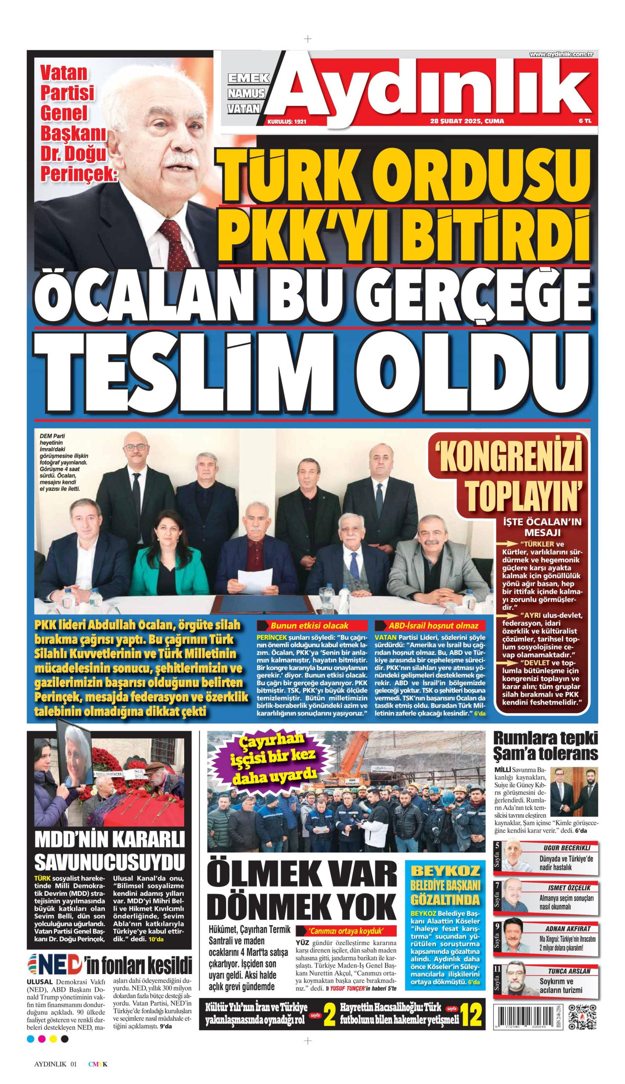AYDINLIK GAZETESİ gazetesinin 28 Şubat 2025 tarihli birinci sayfası