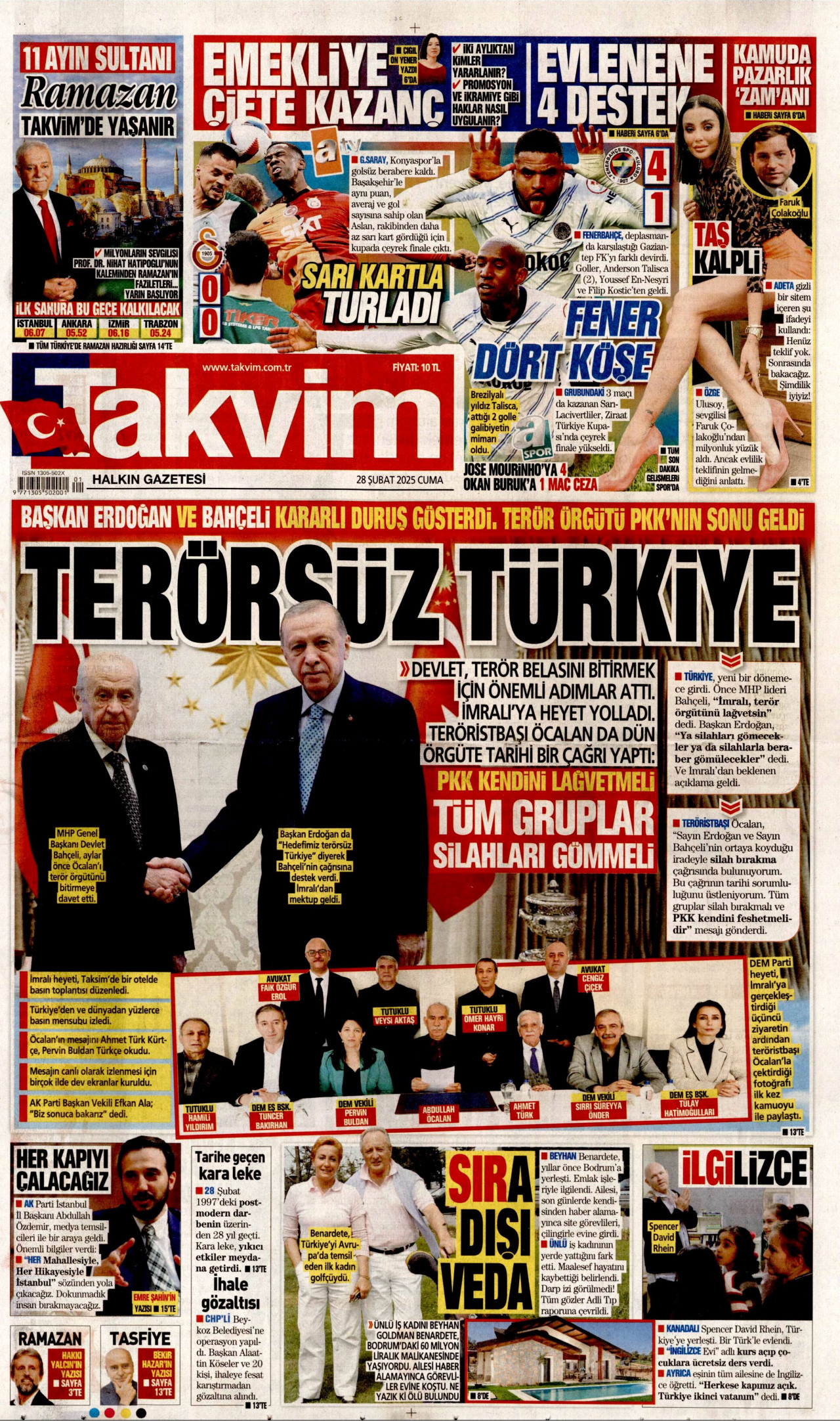 TAKVİM gazetesinin 28 Şubat 2025 tarihli birinci sayfası