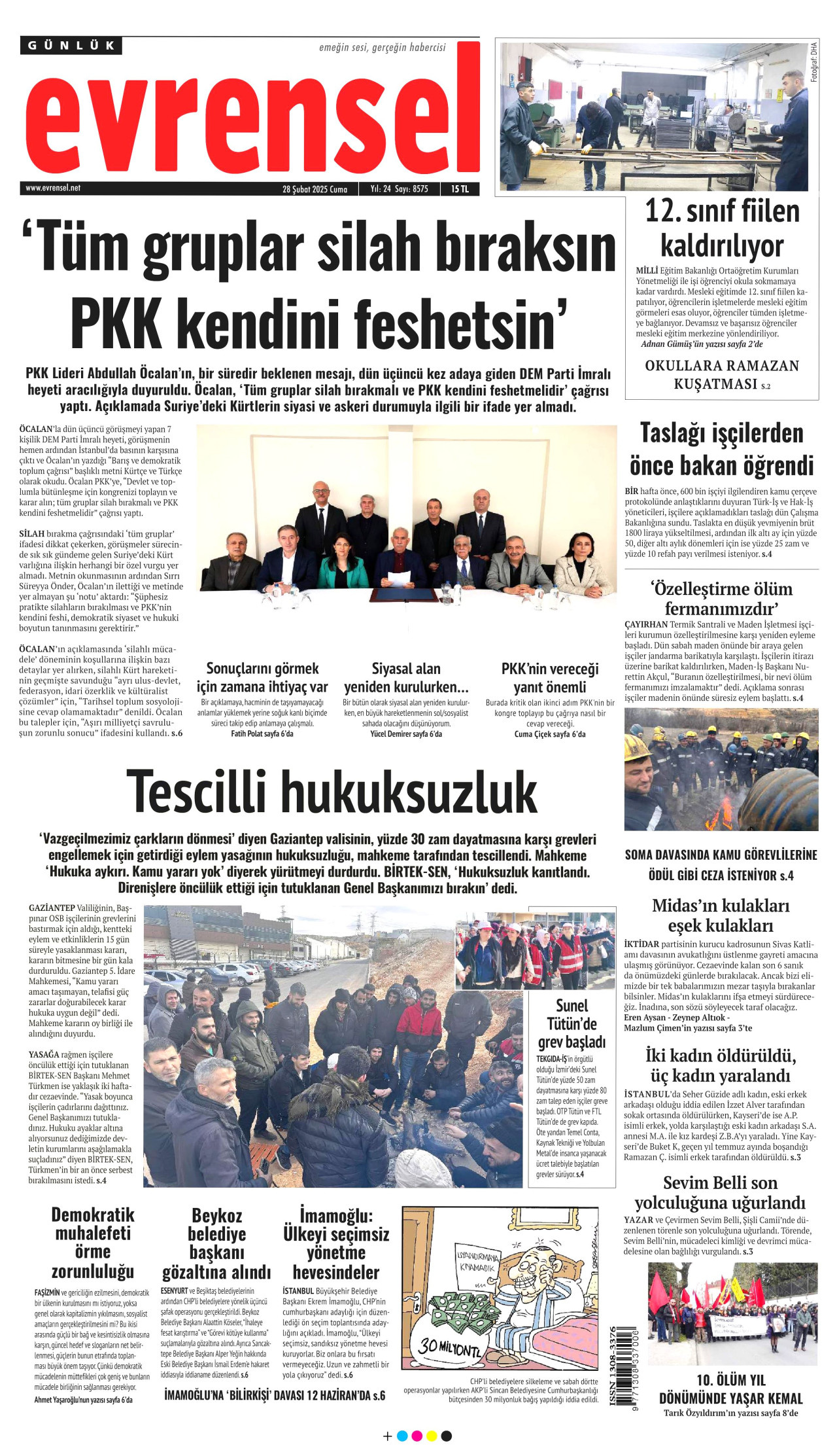 EVRENSEL gazetesinin 28 Şubat 2025 tarihli birinci sayfası