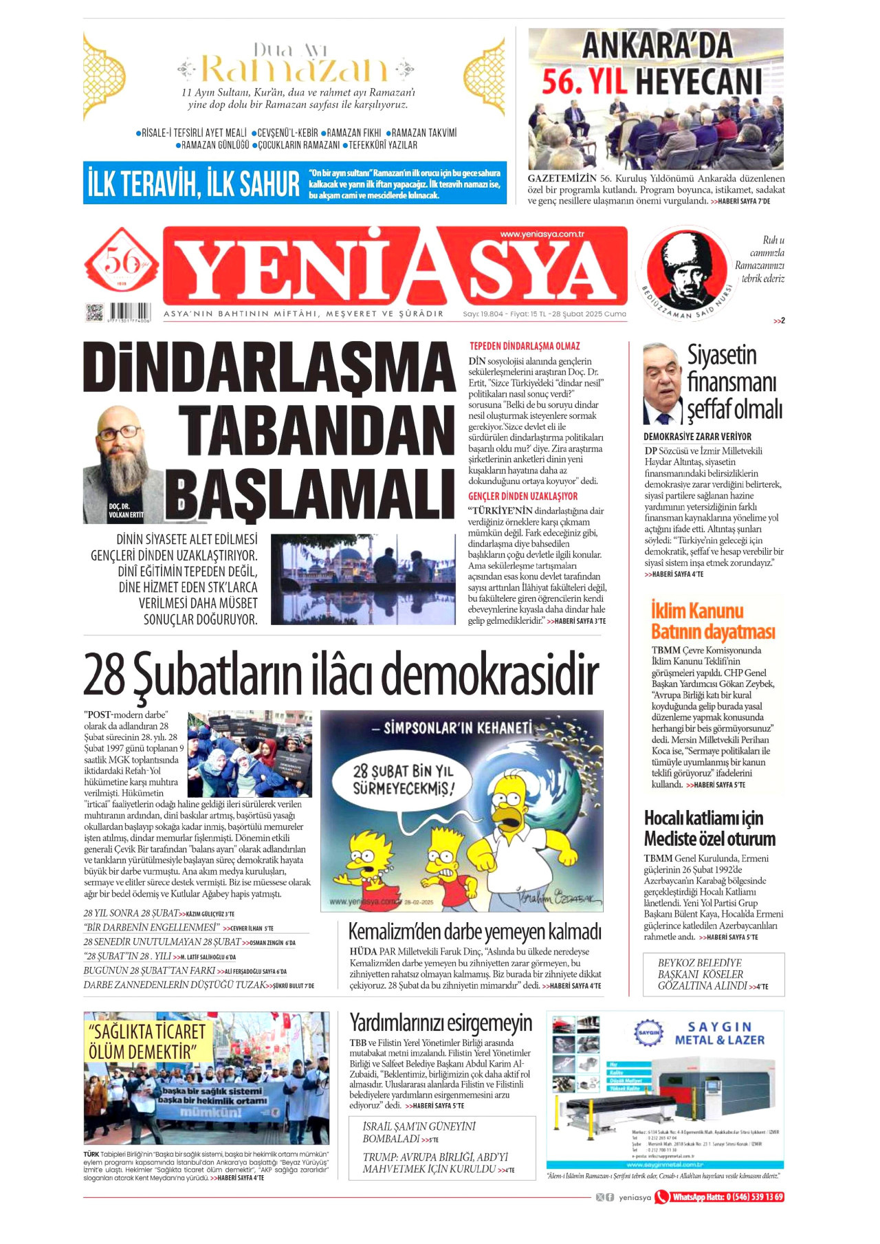 YENİ ASYA gazetesinin 28 Şubat 2025 tarihli birinci sayfası