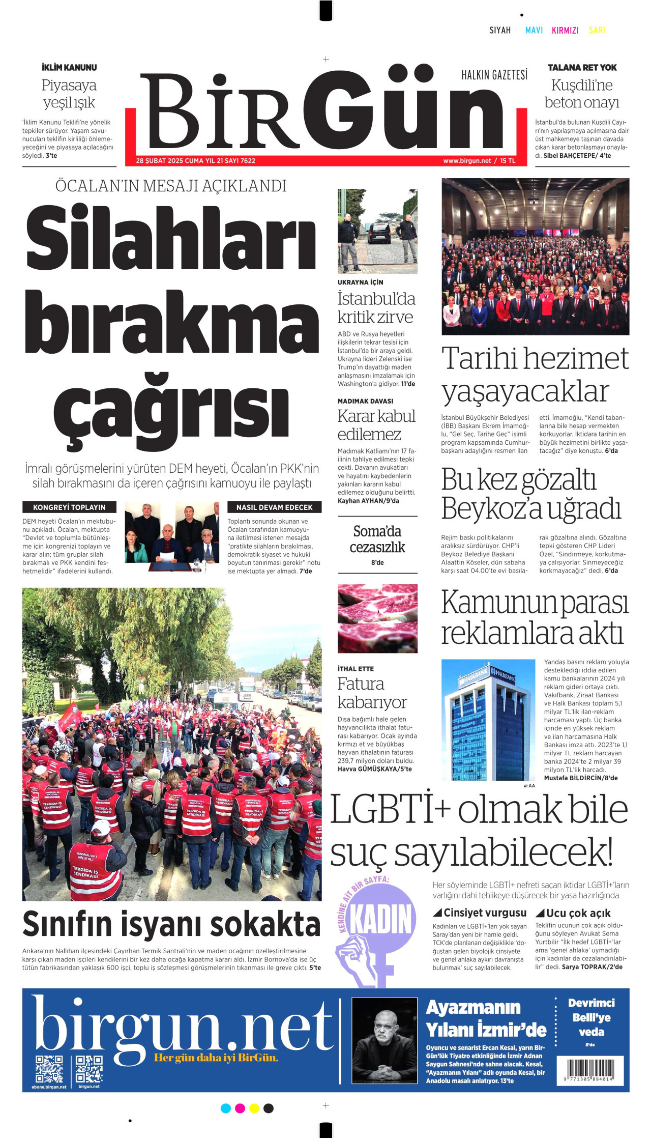 BİRGÜN gazetesinin 28 Şubat 2025 tarihli birinci sayfası