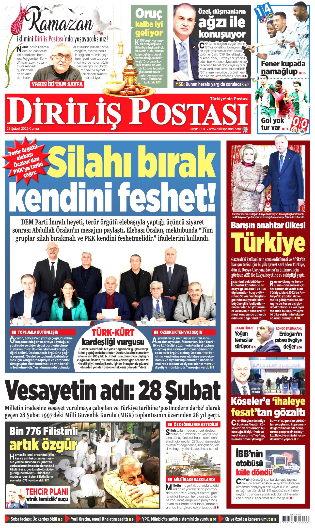 DİRİLİŞ POSTASI gazetesinin 28 Şubat 2025 tarihli birinci sayfası