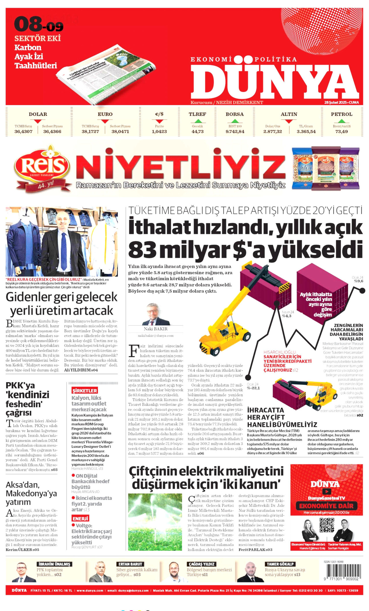 DÜNYA gazetesinin 28 Şubat 2025 tarihli birinci sayfası