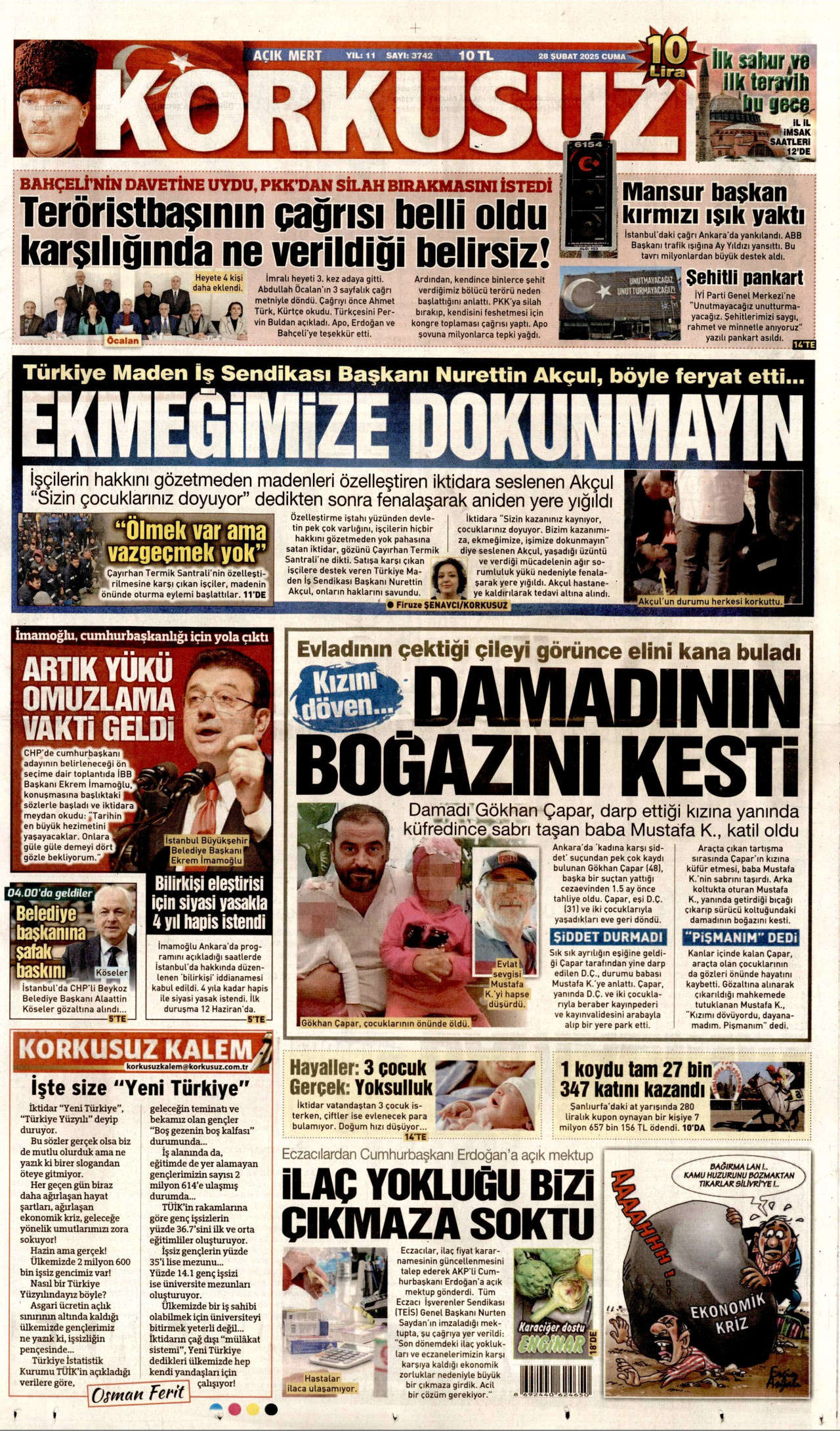 KORKUSUZ gazetesinin 28 Şubat 2025 tarihli birinci sayfası