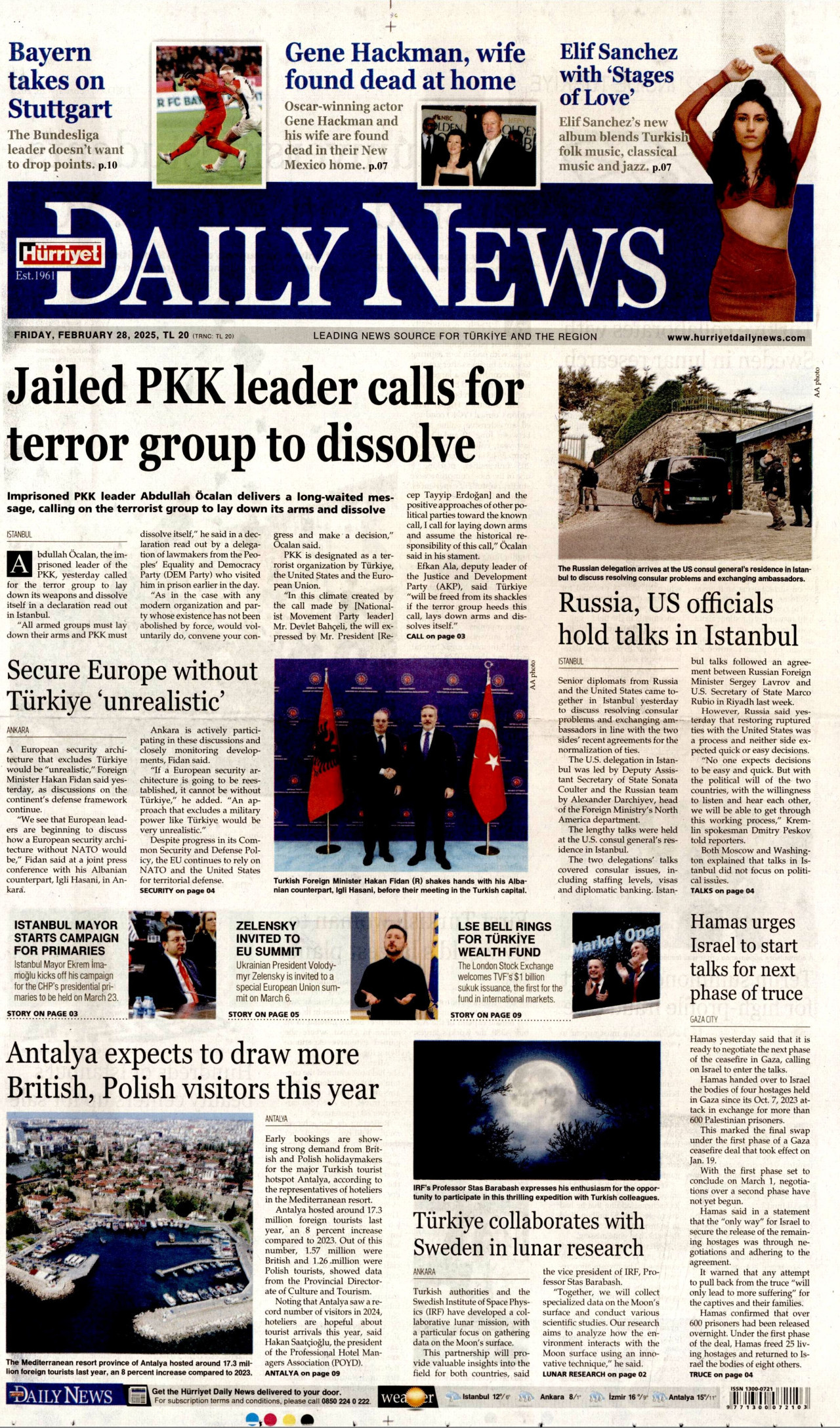 HÜRRİYET DAİLY NEWS gazetesinin 28 Şubat 2025 tarihli birinci sayfası