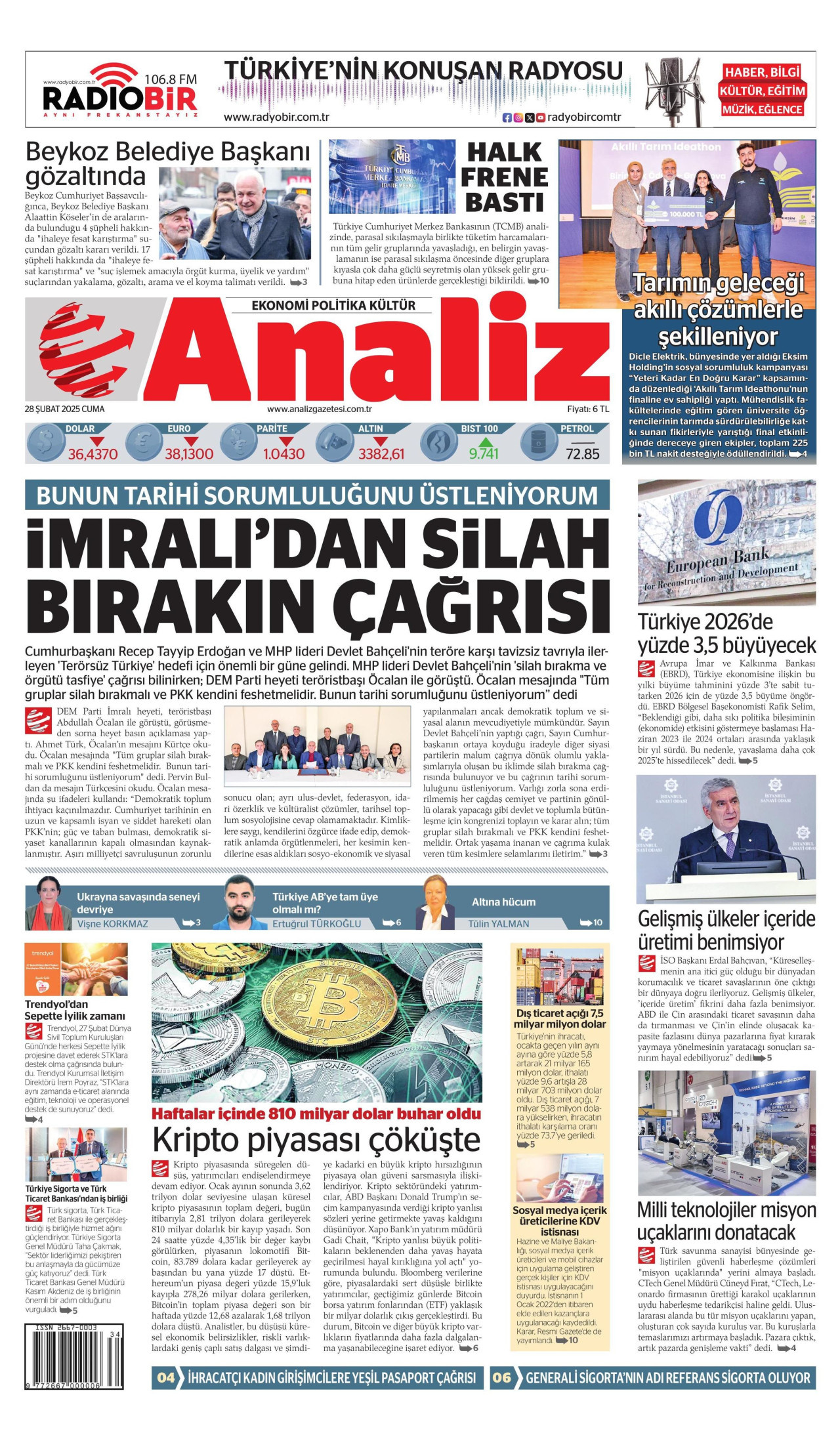 ANALİZ gazetesinin 28 Şubat 2025 tarihli birinci sayfası