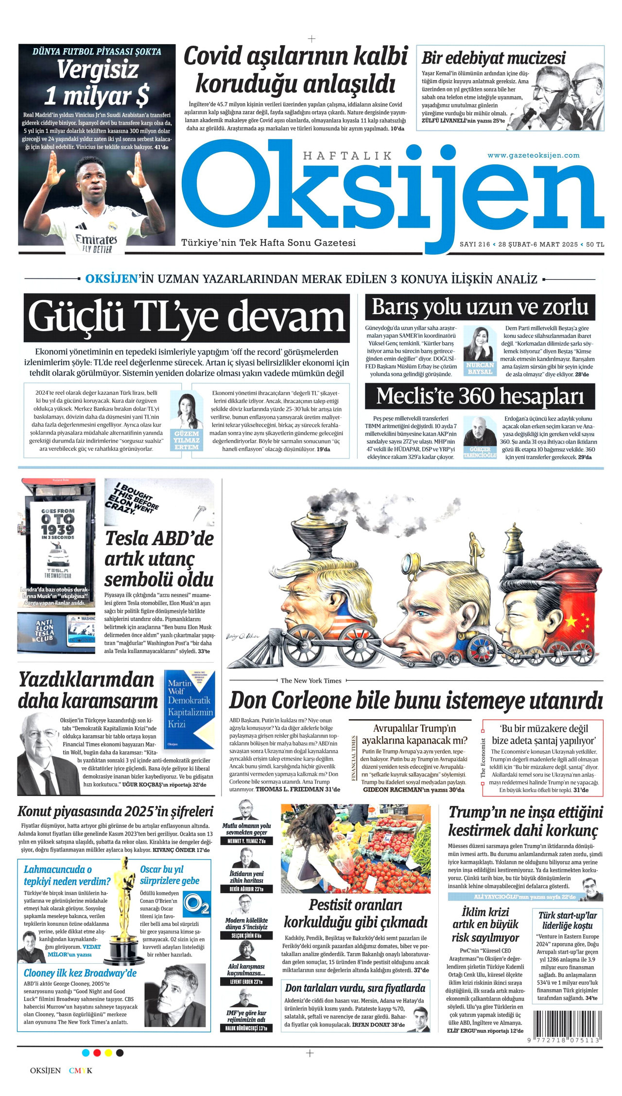 OKSİJEN gazetesinin 28 Şubat 2025 tarihli birinci sayfası