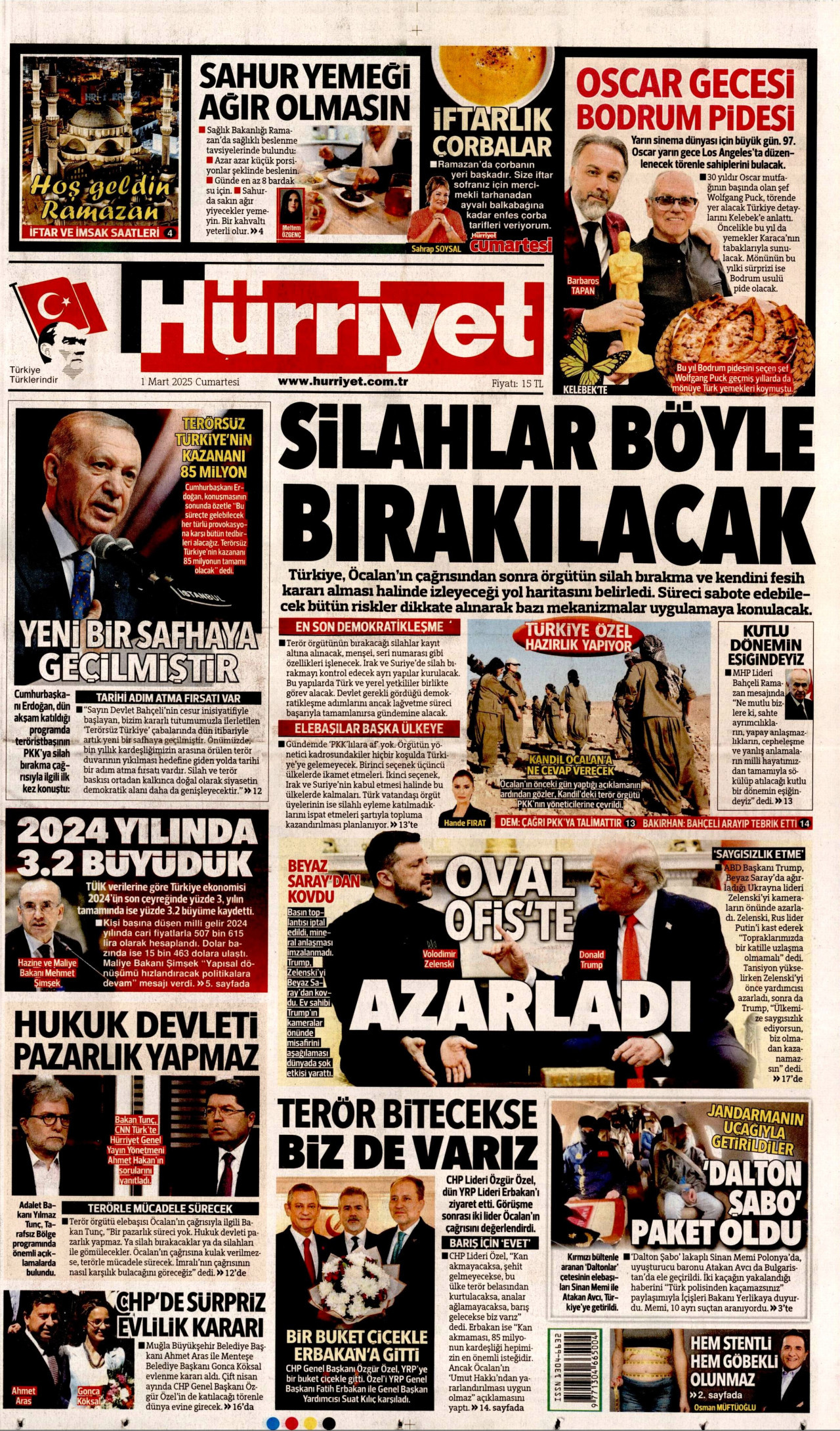 HÜRRİYET gazetesinin 1 Mart 2025 tarihli birinci sayfası