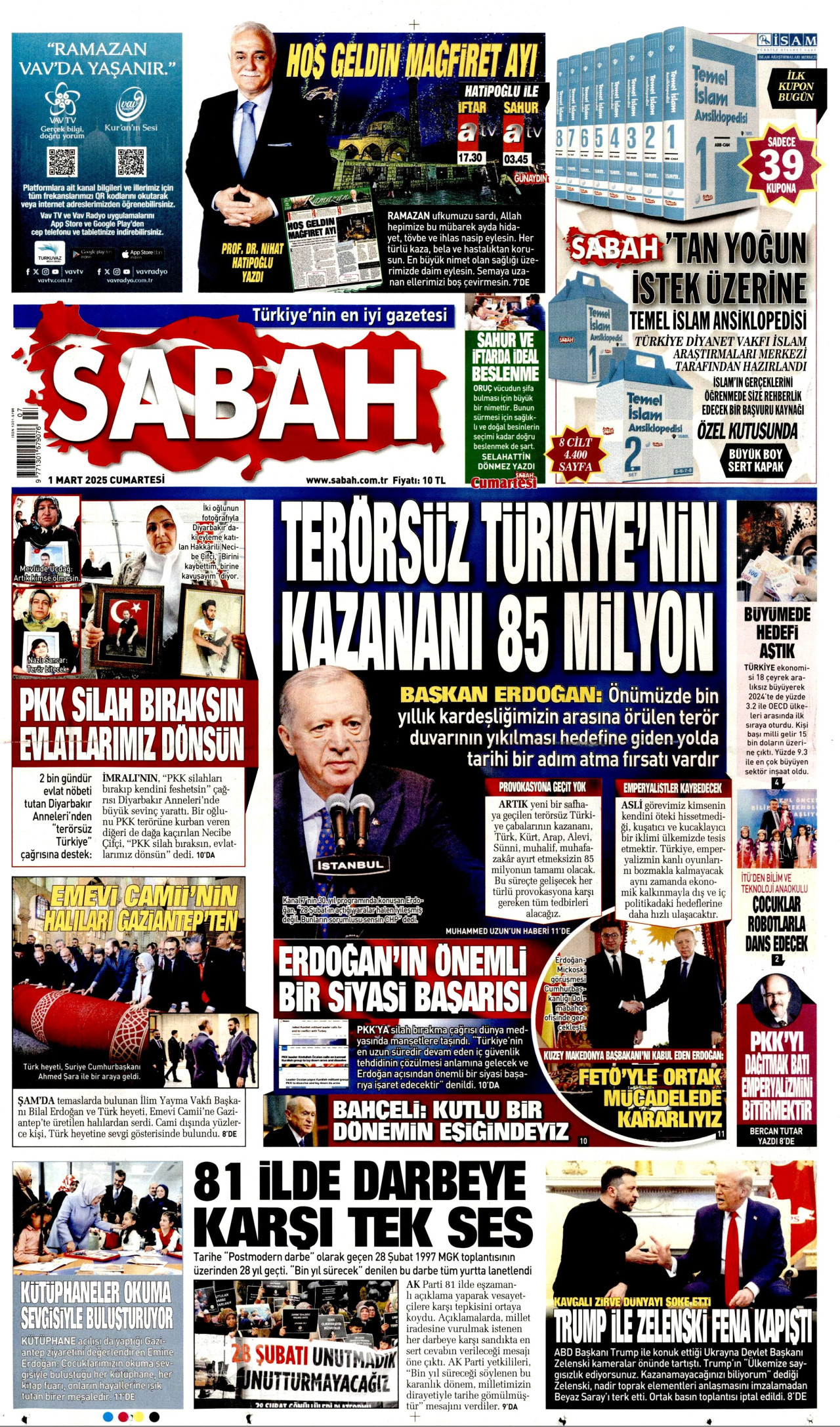 SABAH gazetesinin 1 Mart 2025 tarihli birinci sayfası