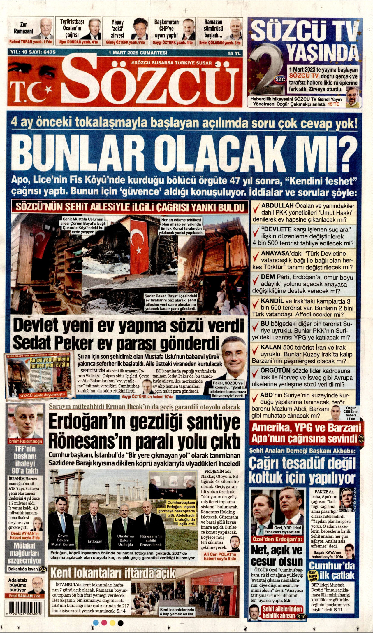 SÖZCÜ gazetesinin 1 Mart 2025 tarihli birinci sayfası