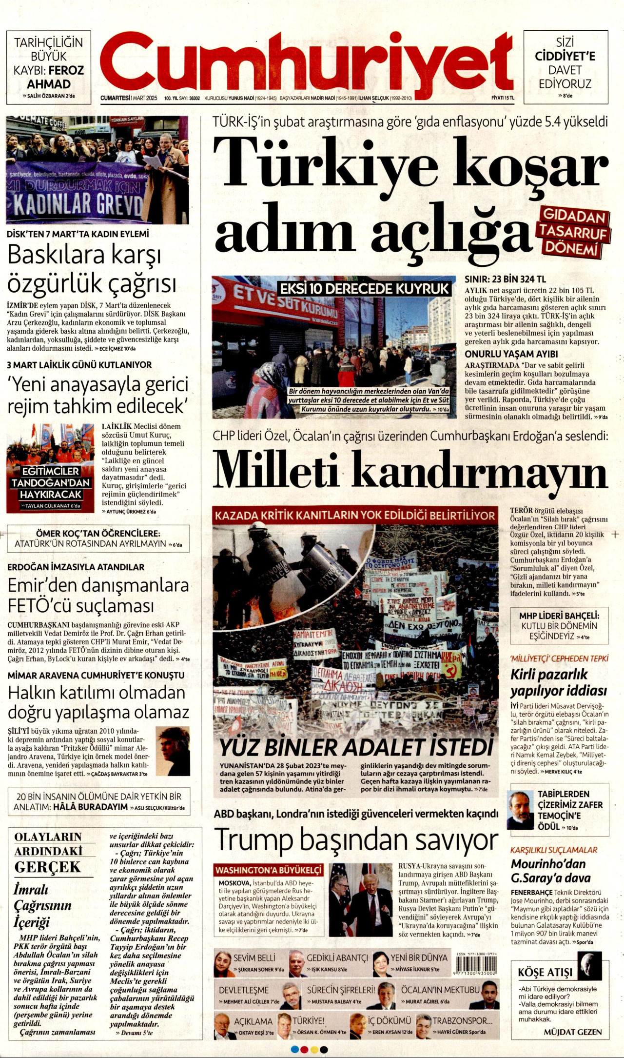 CUMHURİYET gazetesinin 1 Mart 2025 tarihli birinci sayfası