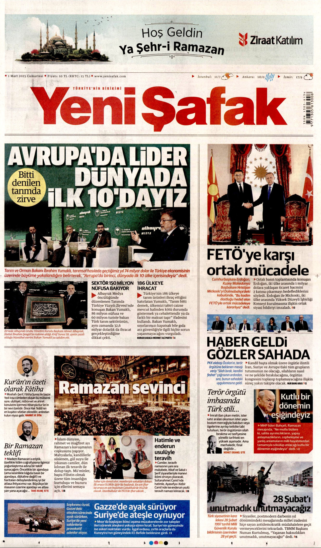 YENİ ŞAFAK gazetesinin 1 Mart 2025 tarihli birinci sayfası