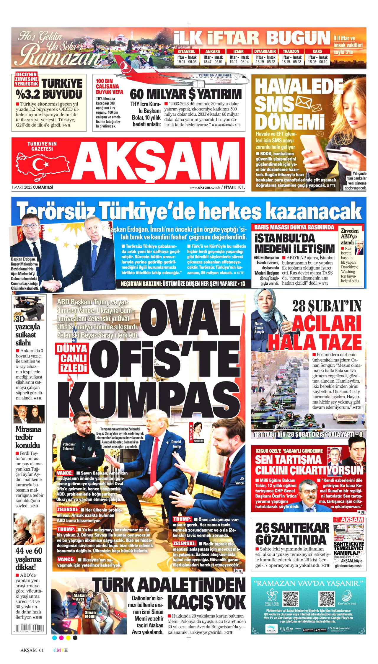 AKŞAM gazetesinin 1 Mart 2025 tarihli birinci sayfası