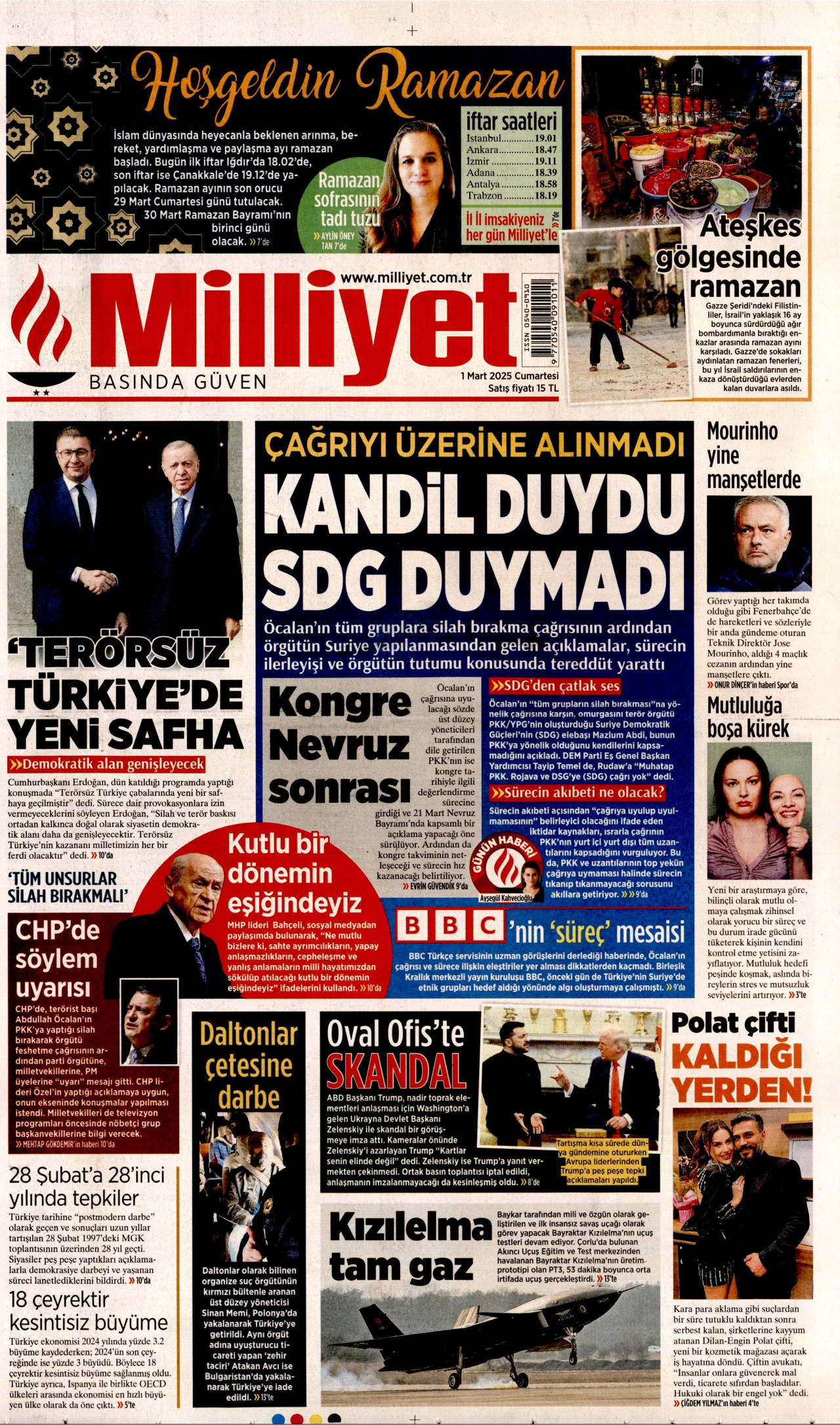 MİLLİYET gazetesinin 1 Mart 2025 tarihli birinci sayfası