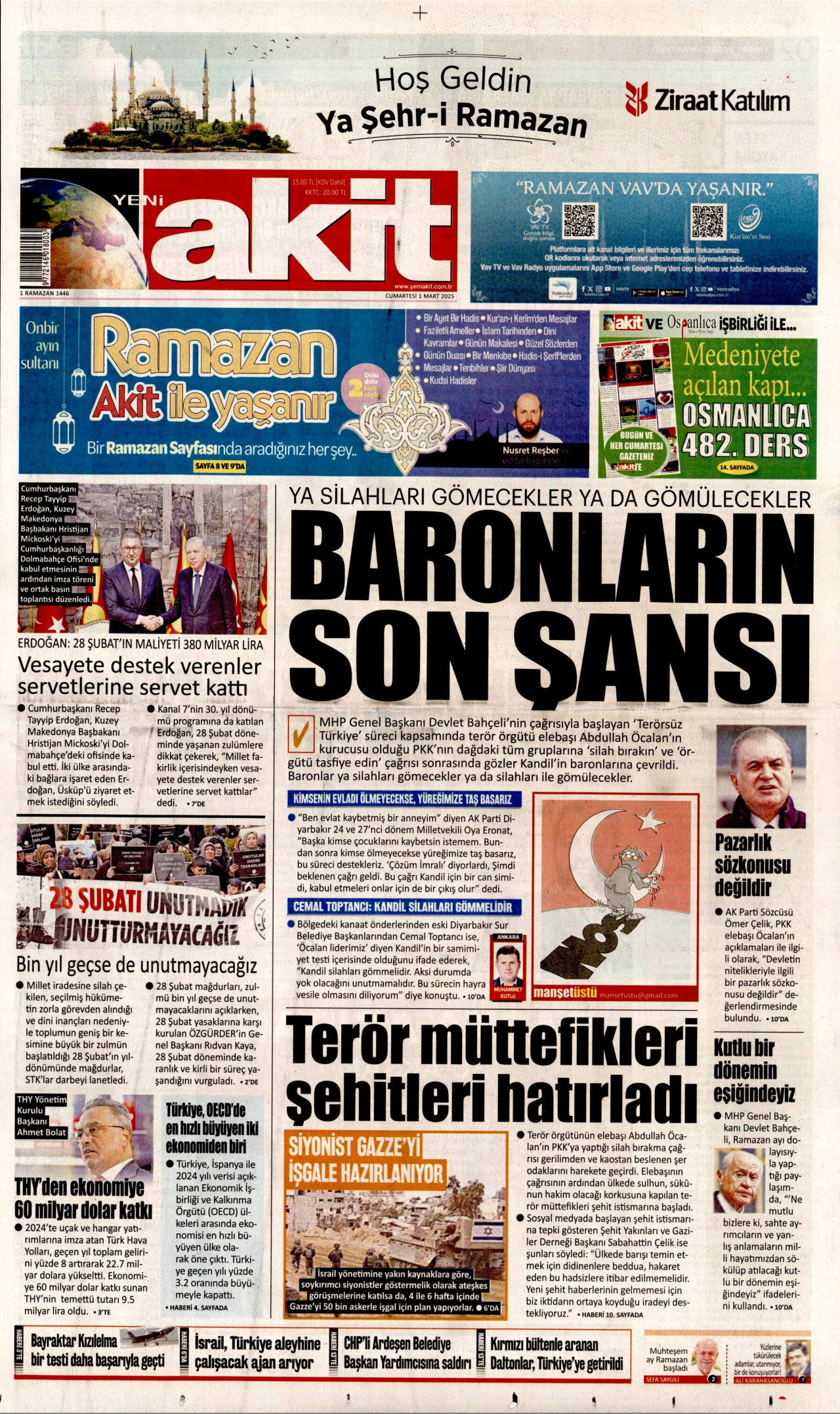 YENİ AKİT gazetesinin 1 Mart 2025 tarihli birinci sayfası
