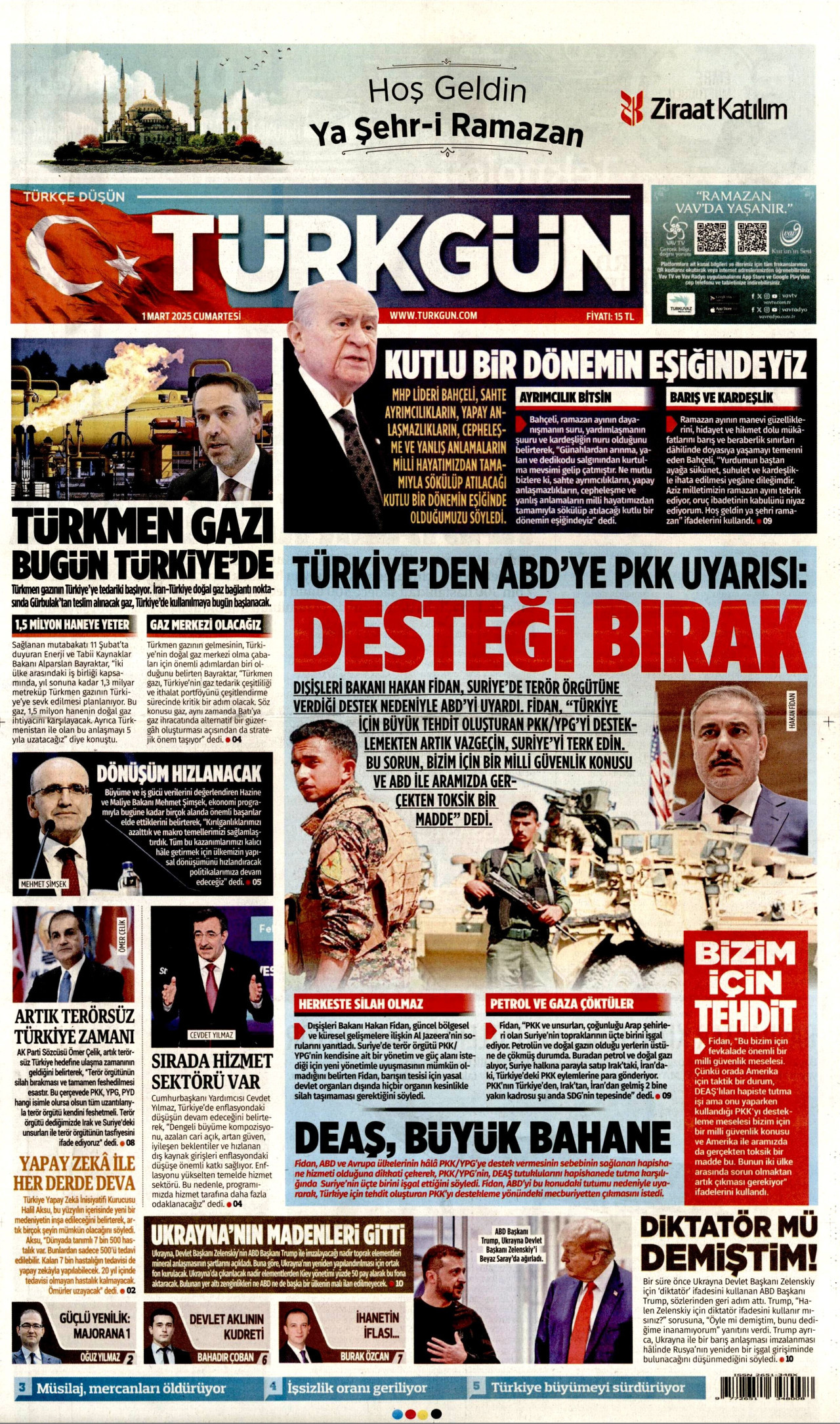 TÜRKGÜN gazetesinin 1 Mart 2025 tarihli birinci sayfası